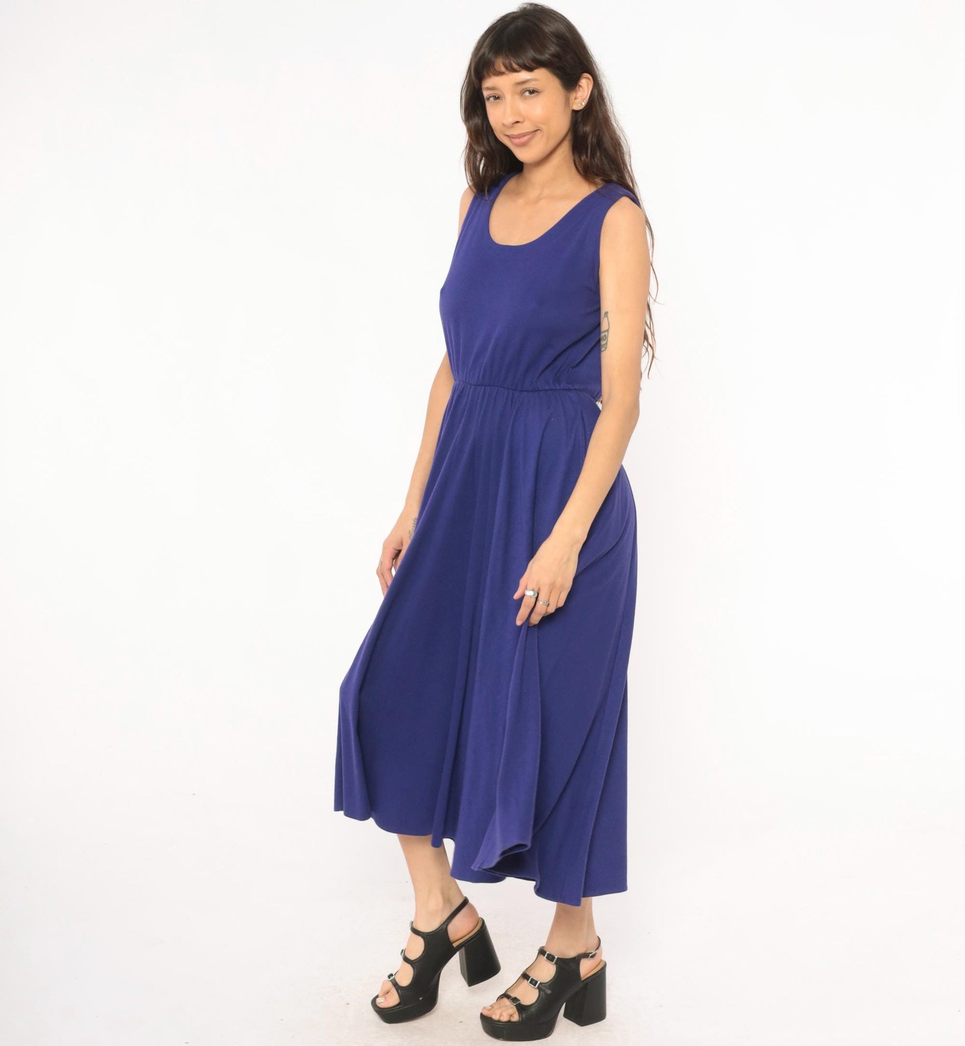 80s Rosemary Brantley Indigo Midi Sundress Scoop Neck Circle Skirt Large L