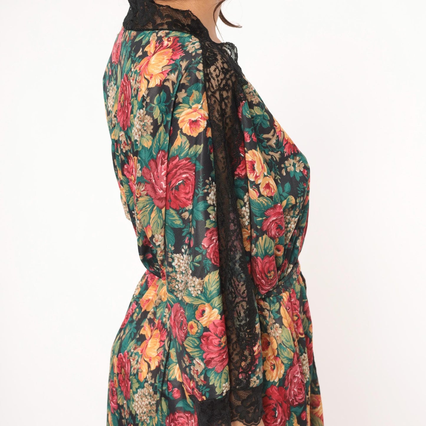 90s Sopre Lingerie Floral Wrap Robe Black Rose Print Lace Trim Plus Size 3X
