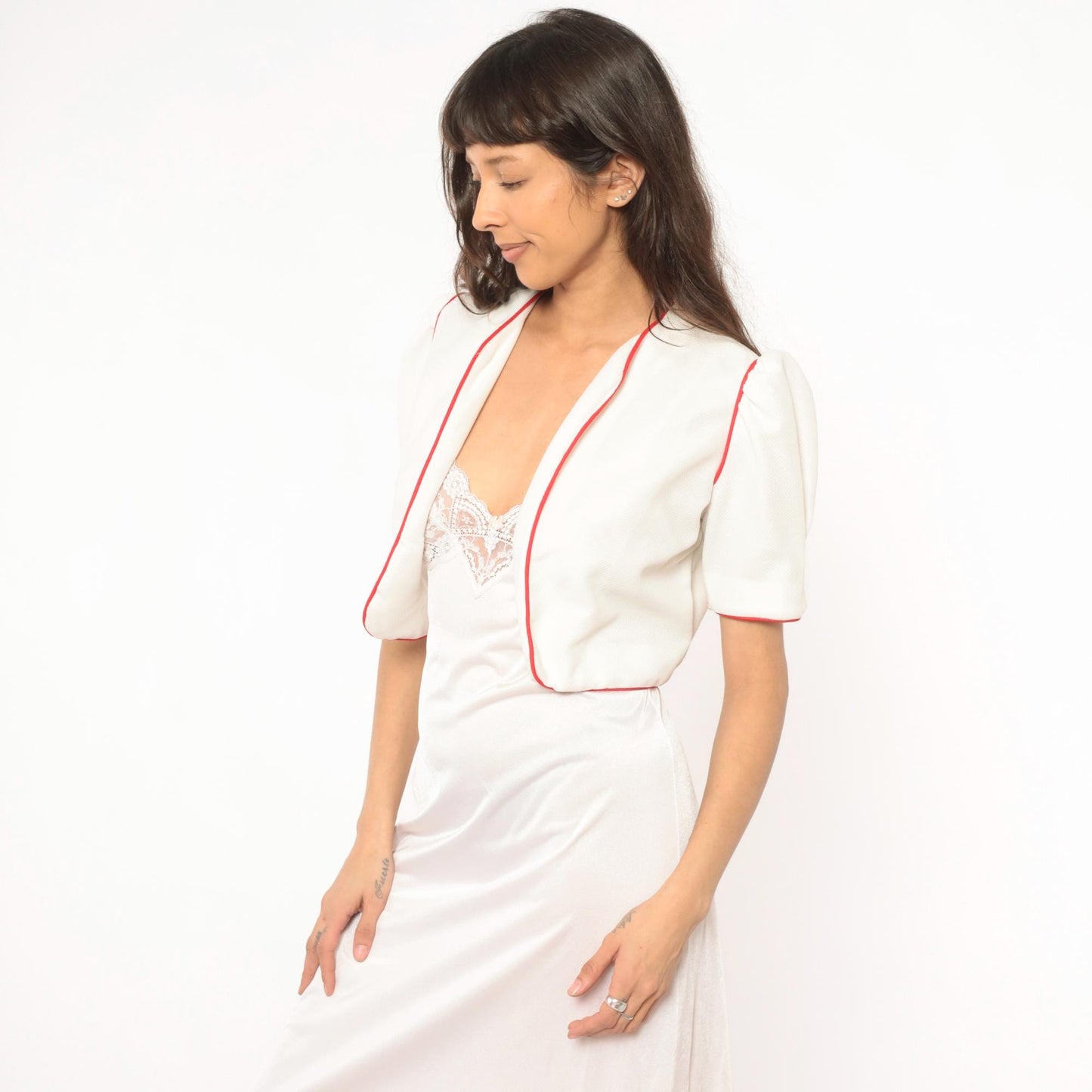 70s Nancy Stevens White Bolero Jacket Red Piping Puff Sleeve Cropped Extra Small