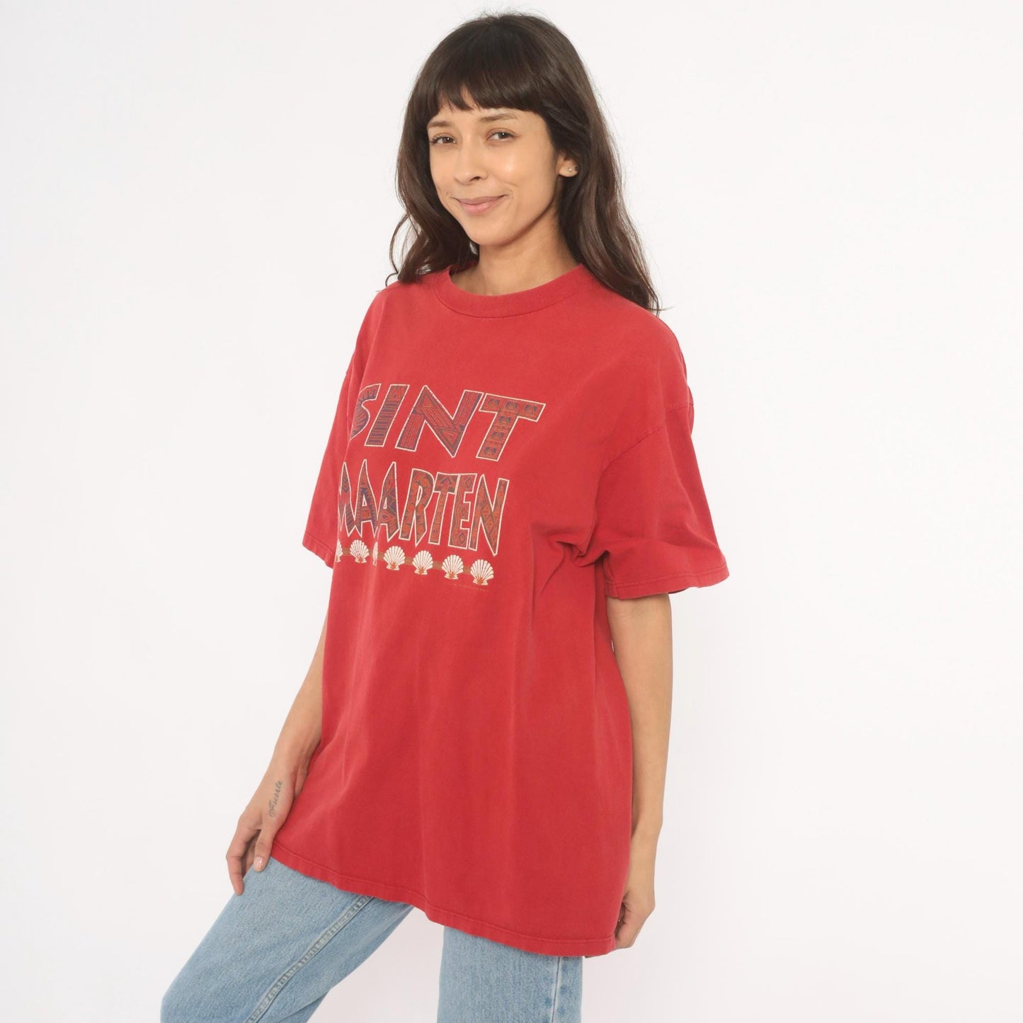 90s Sint Maarten Tribal Seashell Souvenir Tee Red Cotton Extra Large XL
