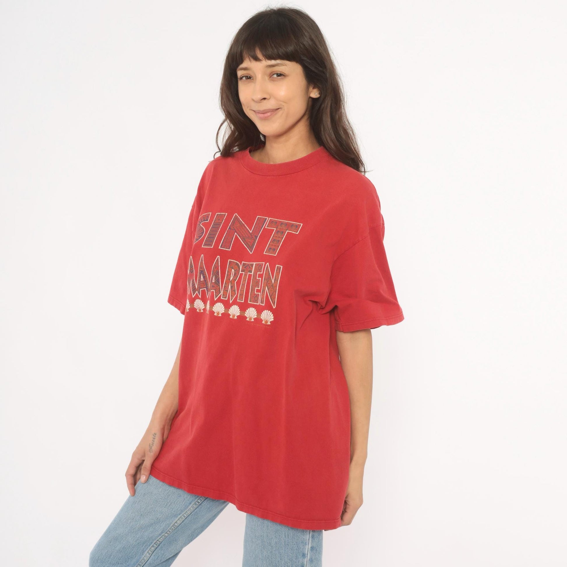 90s Sint Maarten Tribal Seashell Souvenir Tee Red Cotton Extra Large XL