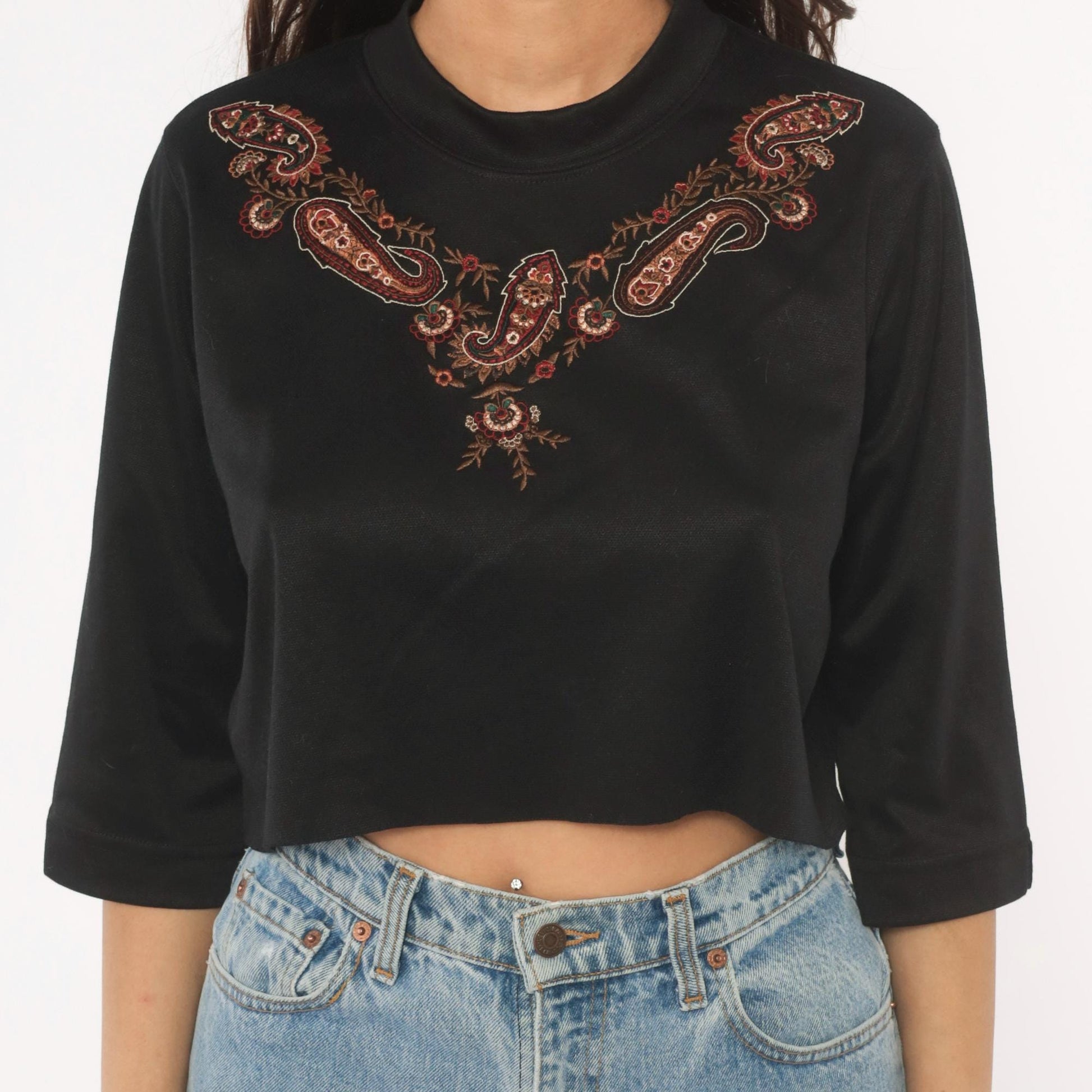 80s Bon Worth Paisley Embroidered Crop Top Black Three Quarter Sleeve Small