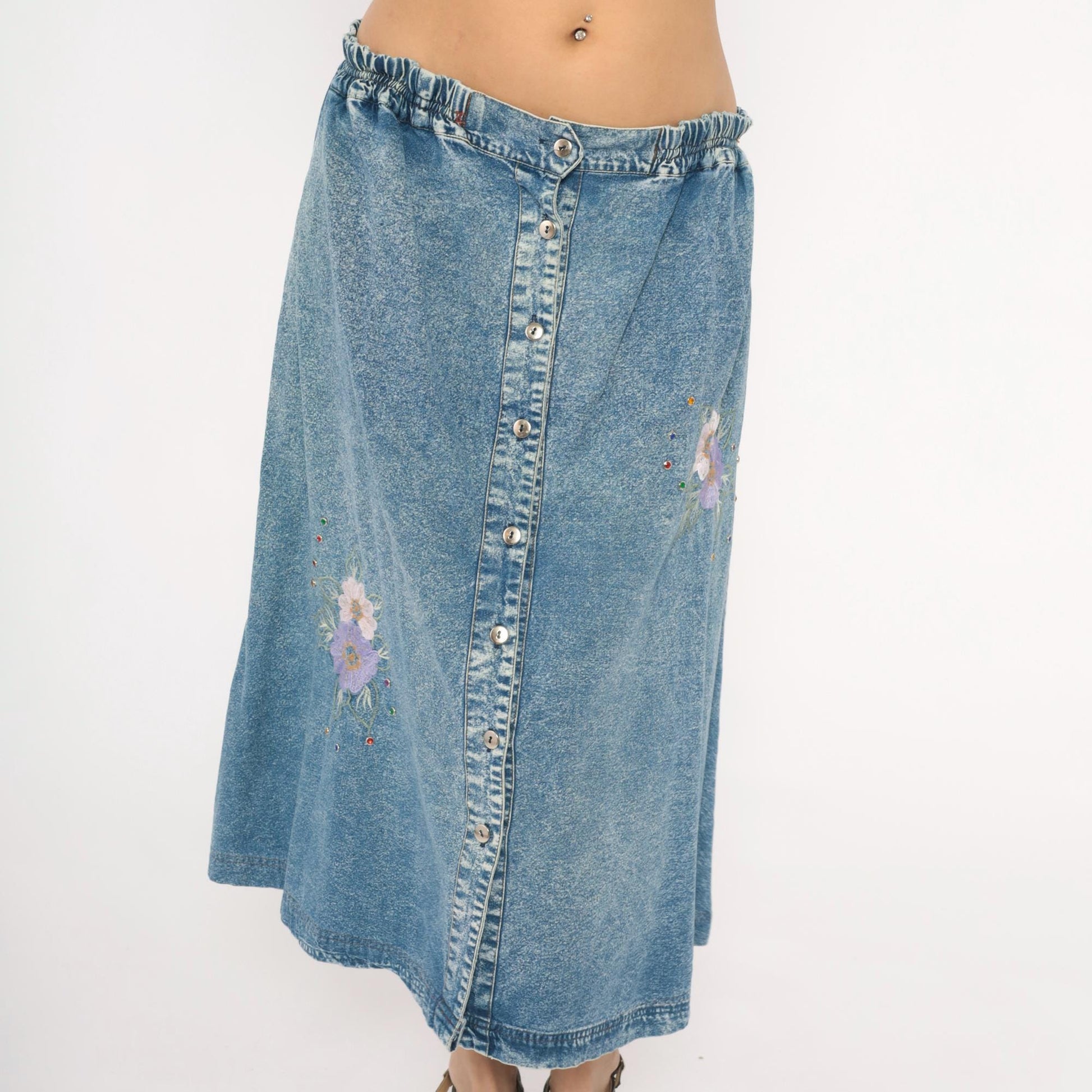 90s Carolina Bay Acid Wash Denim Midi Skirt Floral Embroidered Blue Extra Large XL