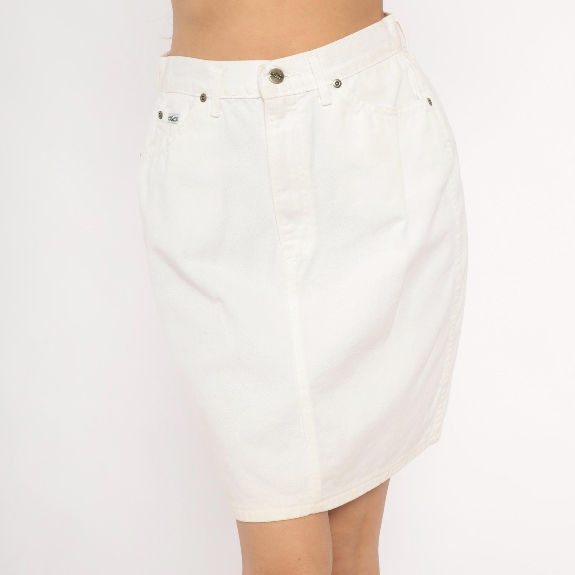 90s Chic White Denim Pencil Skirt High Waisted Mini Cotton Medium M