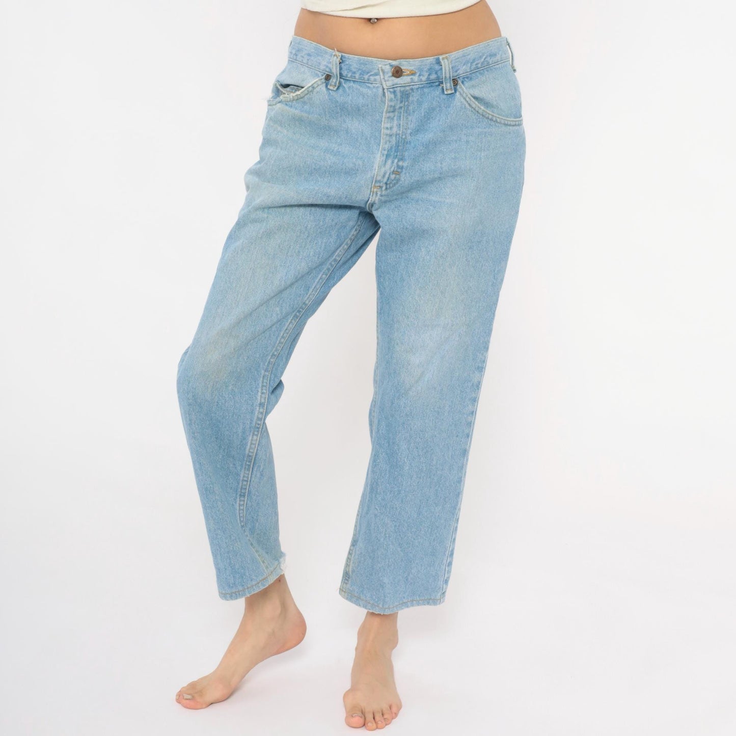 Y2K Light Wash Straight Leg Cropped Jeans Raw Hem Blue Cotton Large L