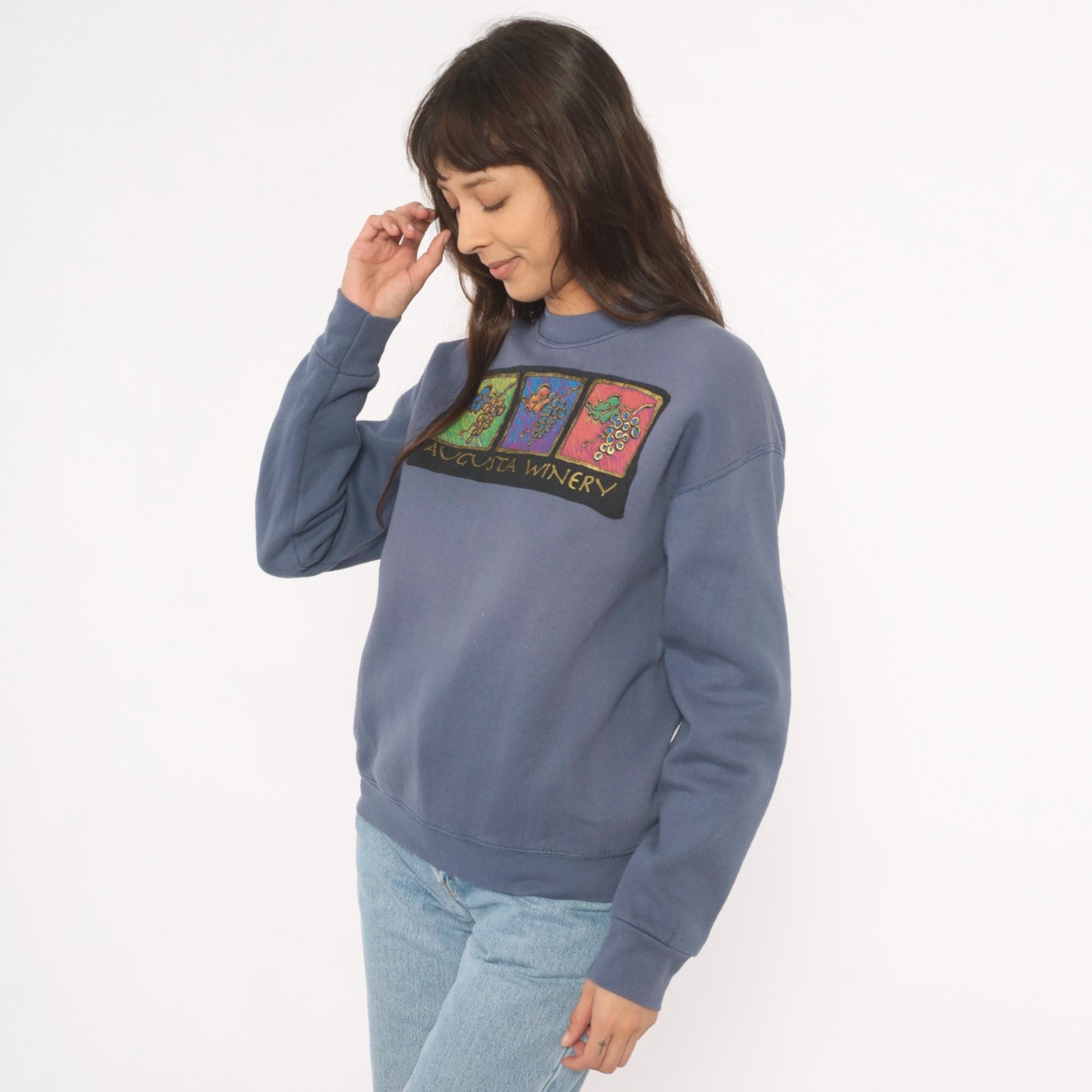 90s Fruit of the Loom Vineyard Crewneck Sweatshirt Slate Blue Graphic Small