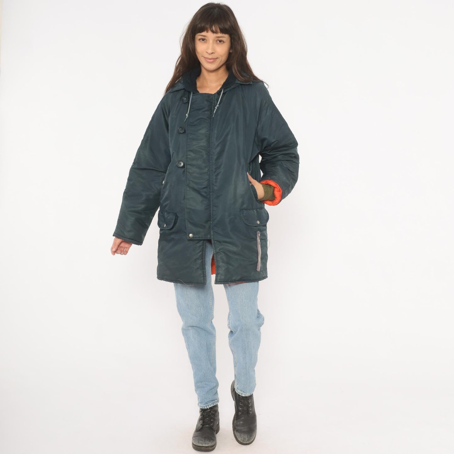 80s La Mart Navy Puffer Parka Sherpa Collar Hooded Winter Coat Large