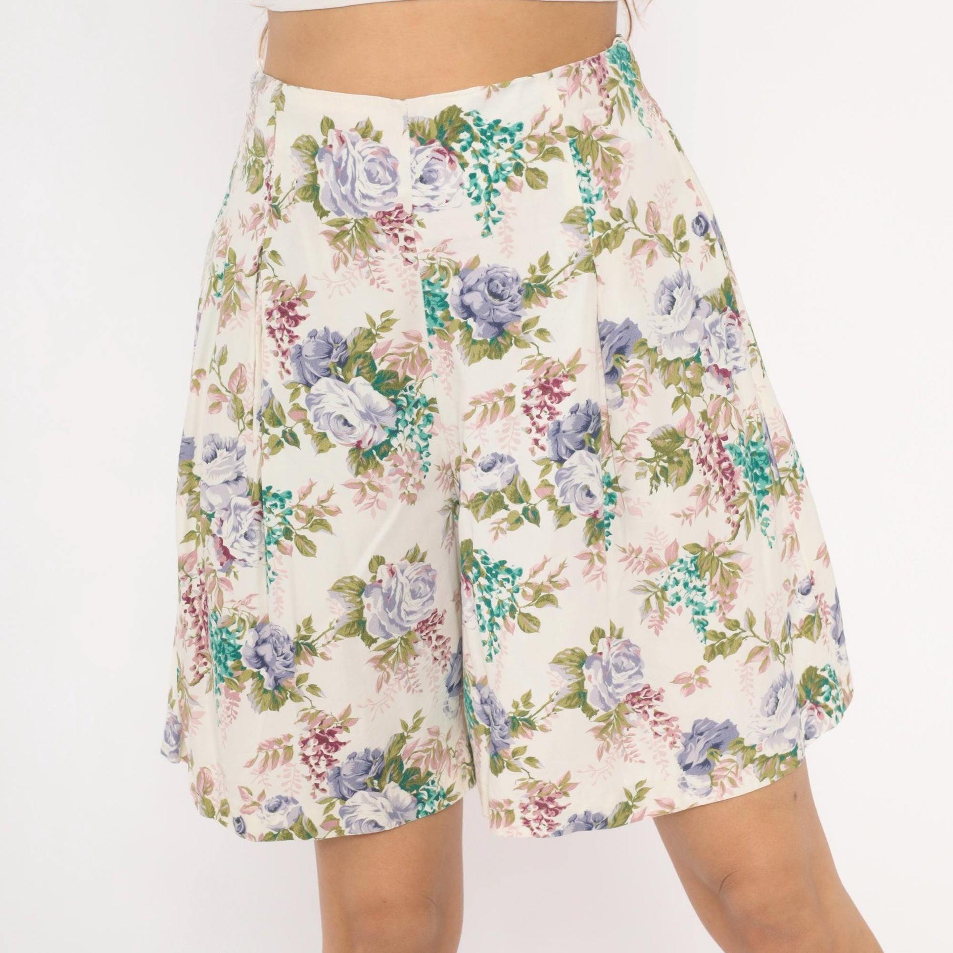 90s Floral Culotte Shorts High Waist Wide Leg Ivory Purple Rose Medium