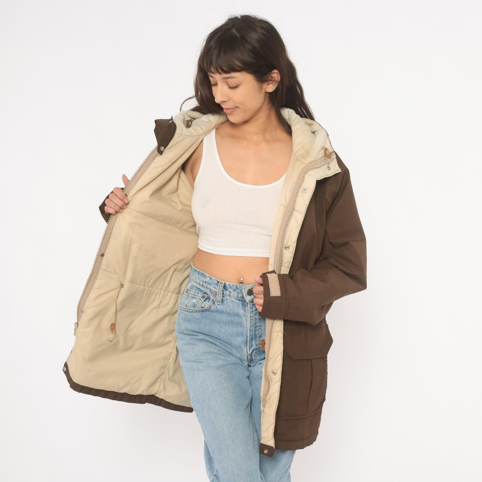 80s Woolrich Brown Hooded Parka Cargo Pockets Tan Quilted Lining Large
