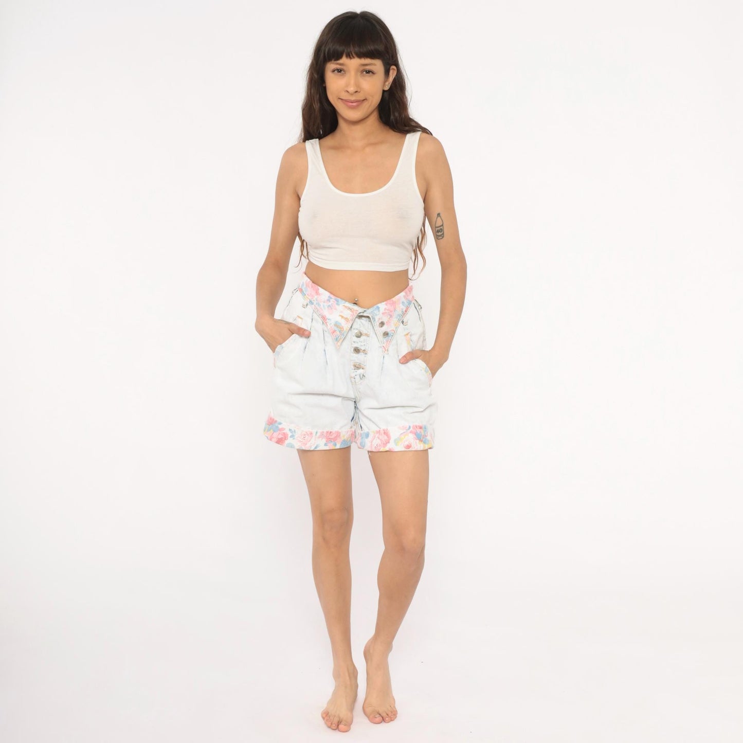 90s Traffic Acid Wash Denim Shorts Floral Yoke High Rise Pleated Medium M