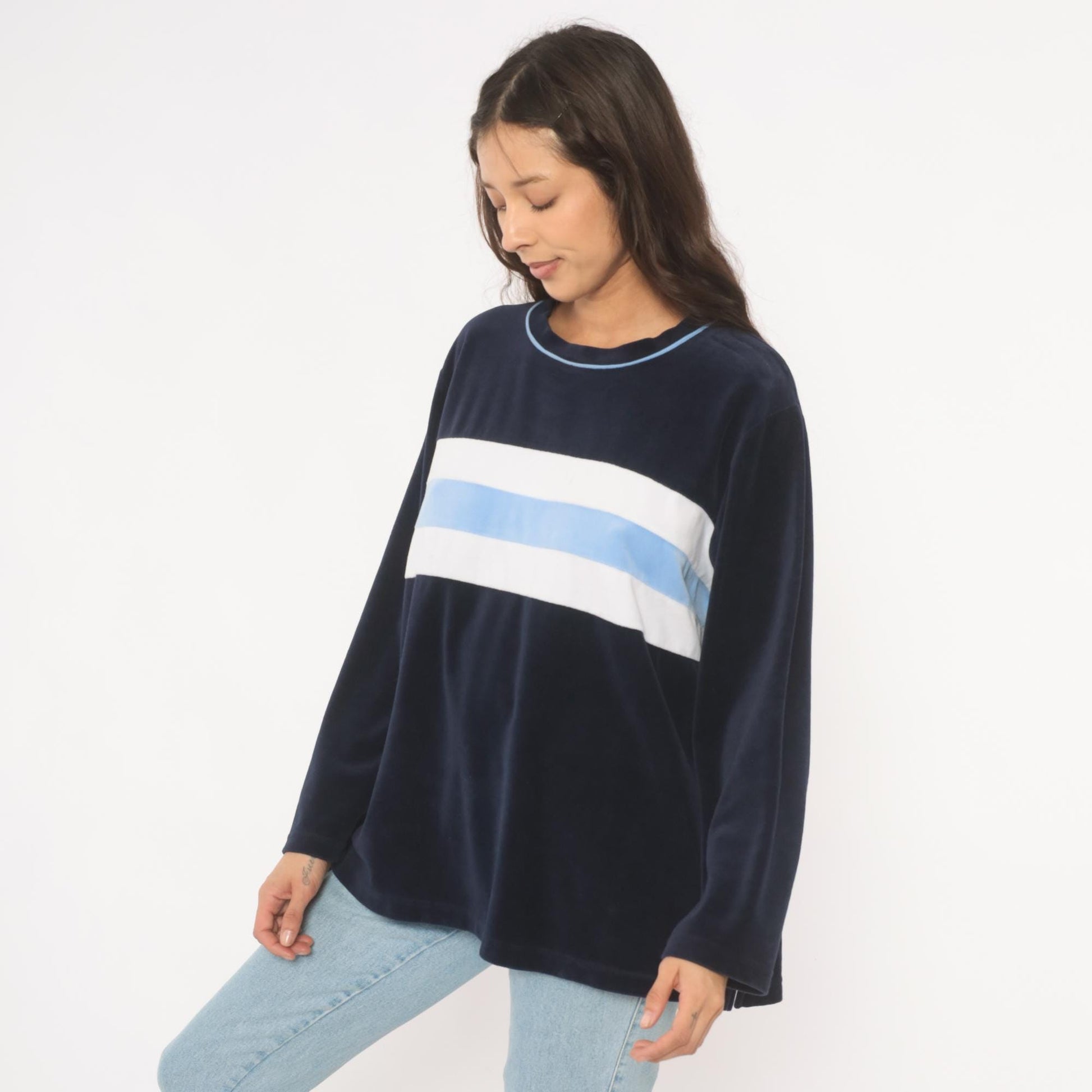 2000s St Johns Bay Navy Velour Sweatshirt Striped Chest Panel Extra Large XL