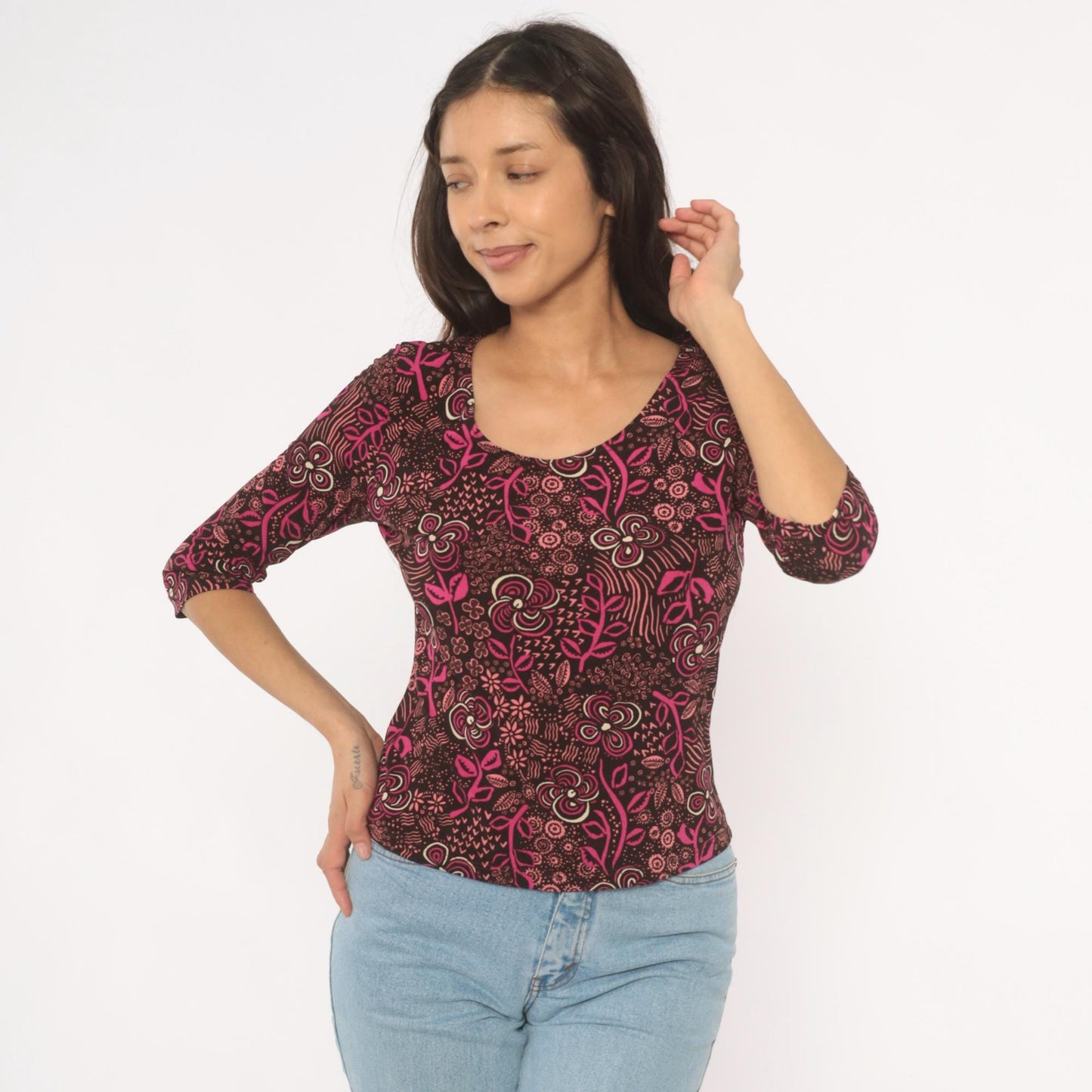 Y2K Only Nine Floral Botanical Blouse Brown Pink Three Quarter Sleeve Large L