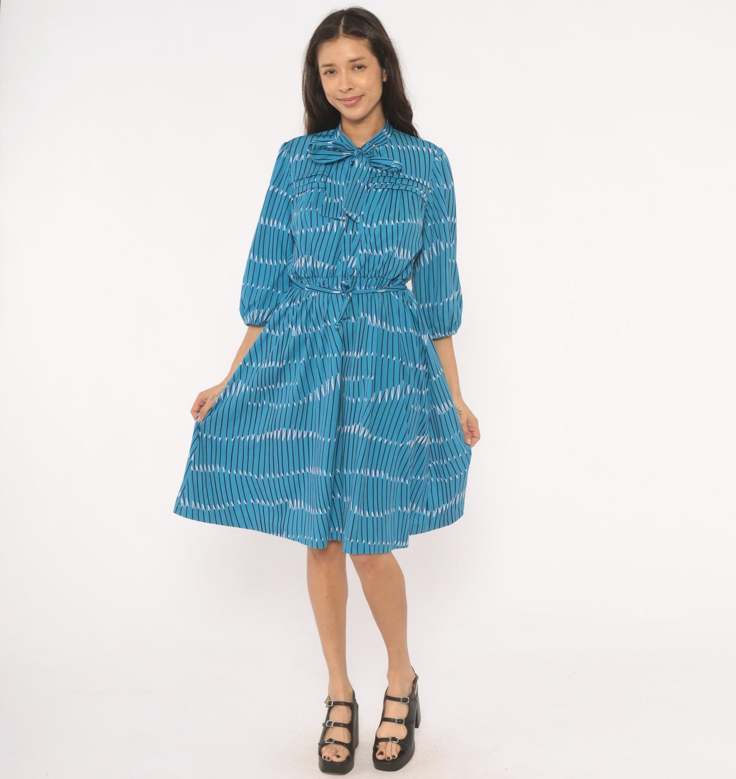 70s Teal Geometric Stripe Bow Neck Dress Puff Sleeve Belted Knee Length Large L