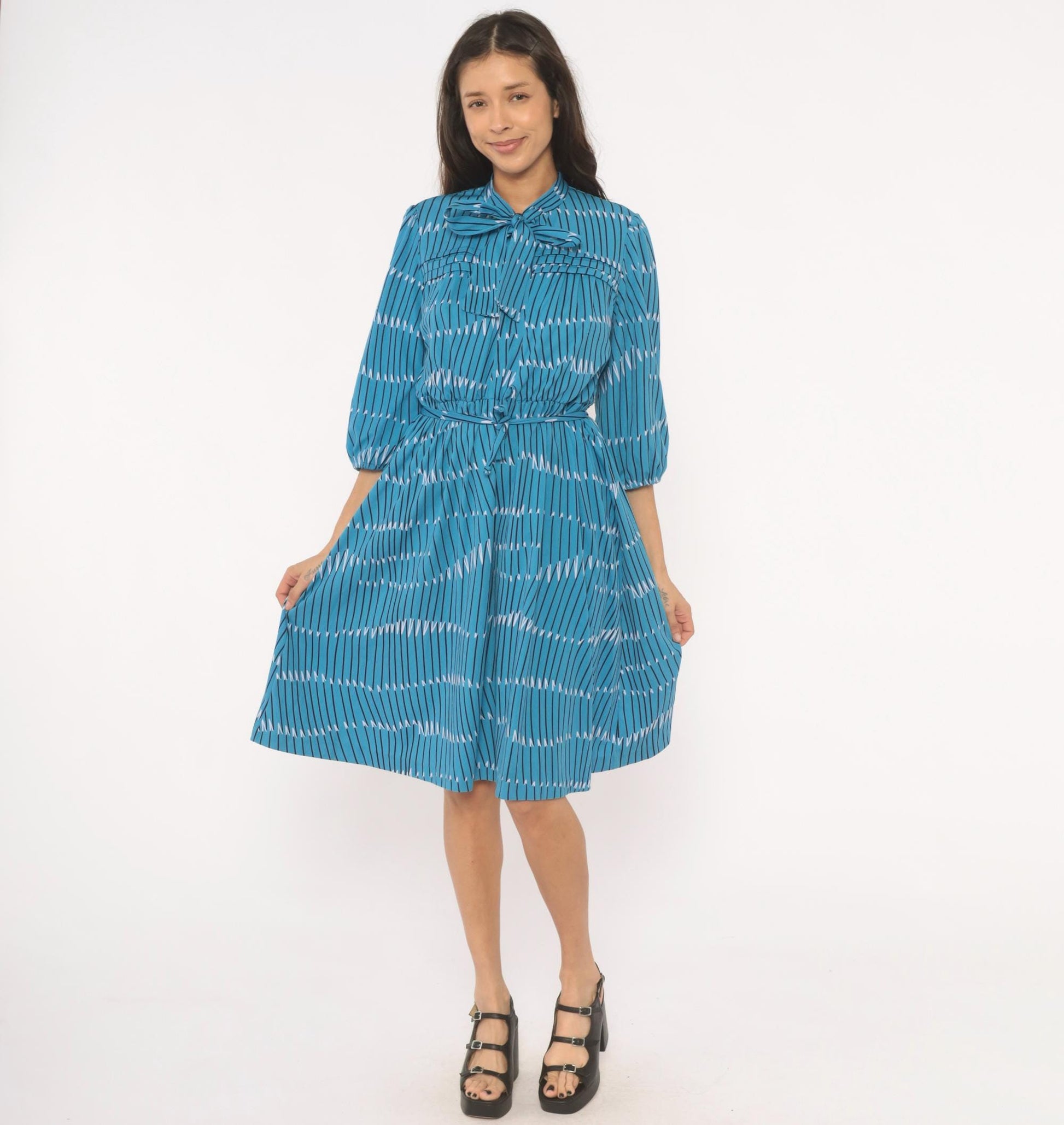 70s Teal Geometric Stripe Bow Neck Dress Puff Sleeve Belted Knee Length Large L