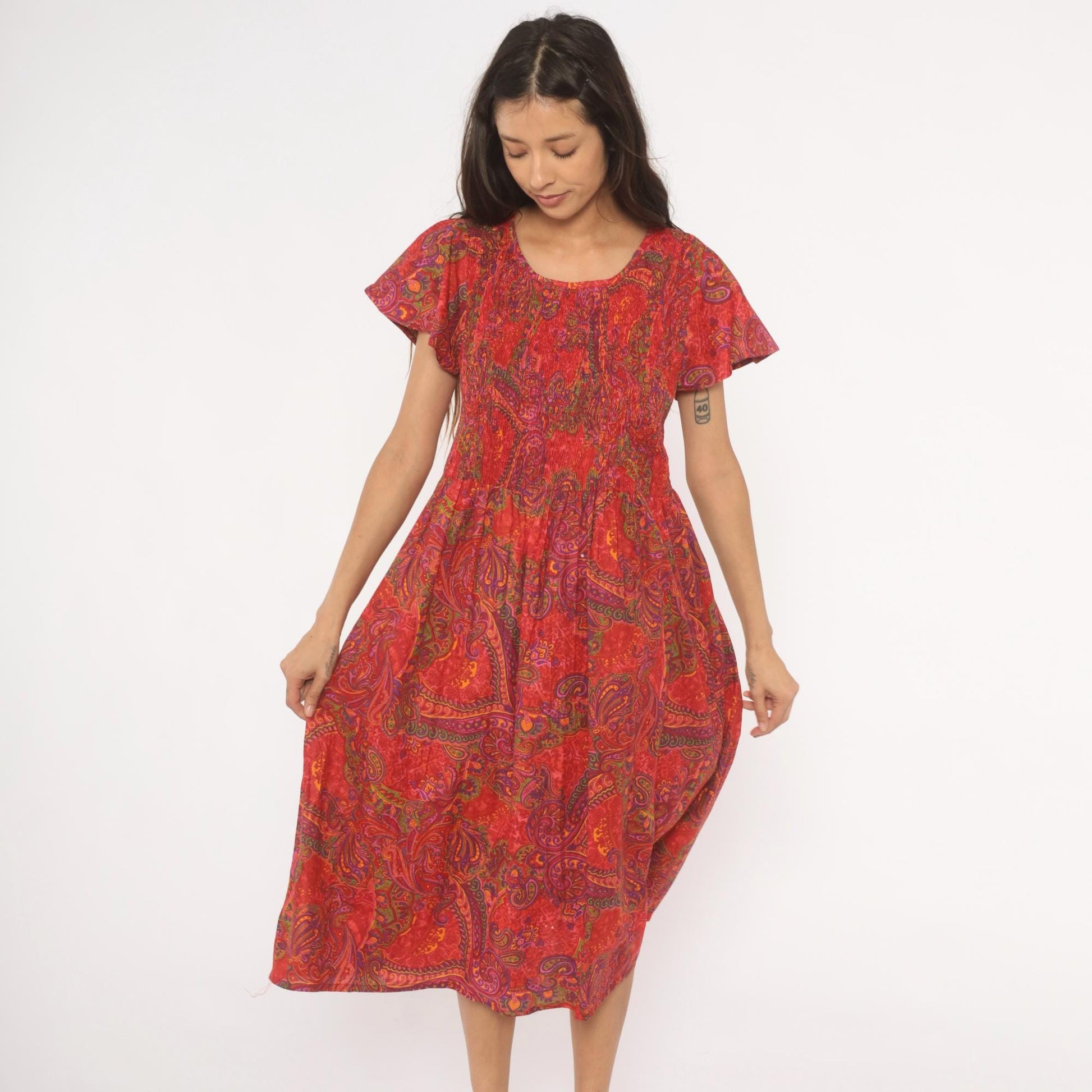 70s Metropolitan Paisley Smocked Midi Dress Red Flutter Sleeve Cotton Large L