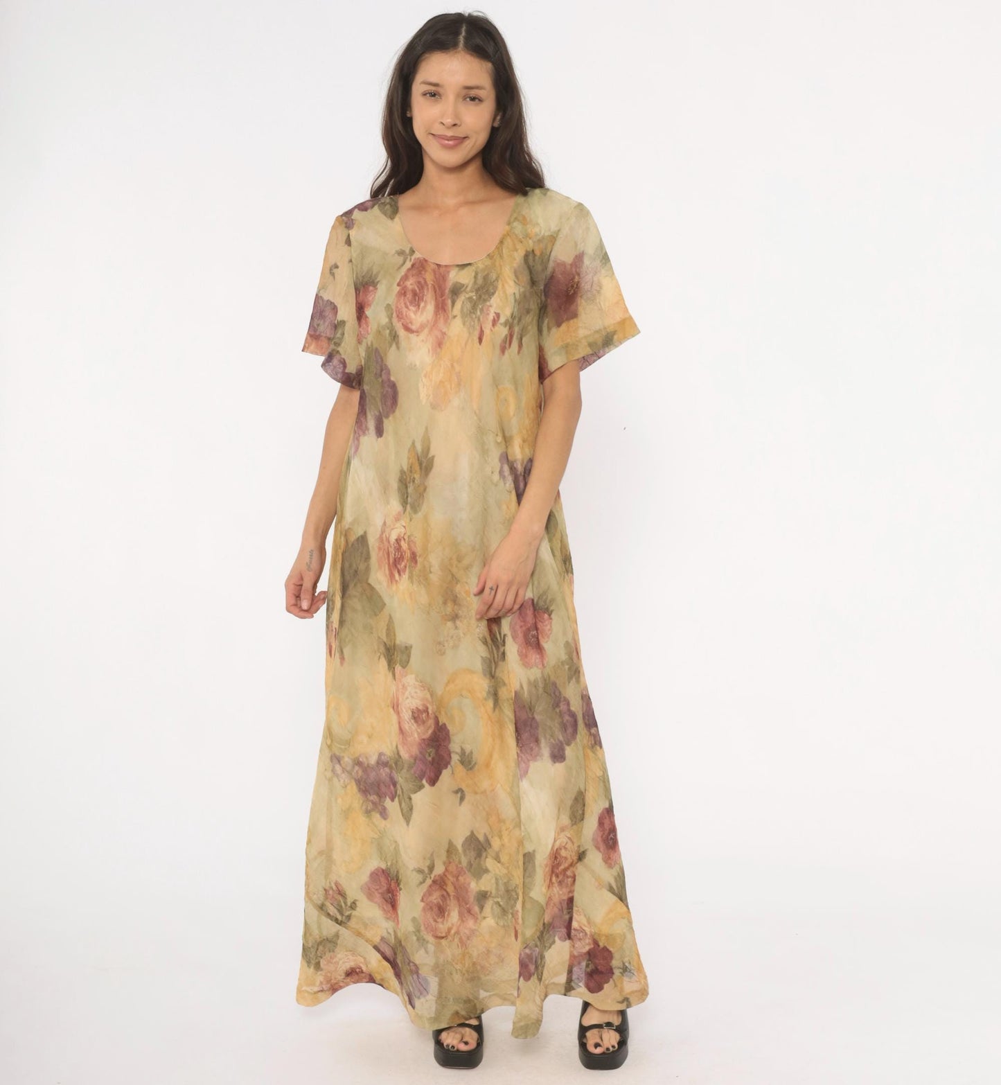 90s DE Frantoria Floral Maxi Dress Cream Rose Print Flutter Sleeve Extra Large