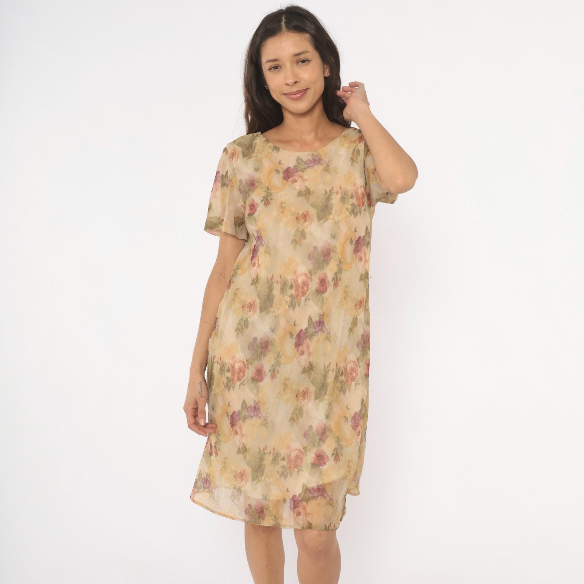 90s DJ Summers Floral Chiffon Dress Tan Rose Print Knee Length Medium M