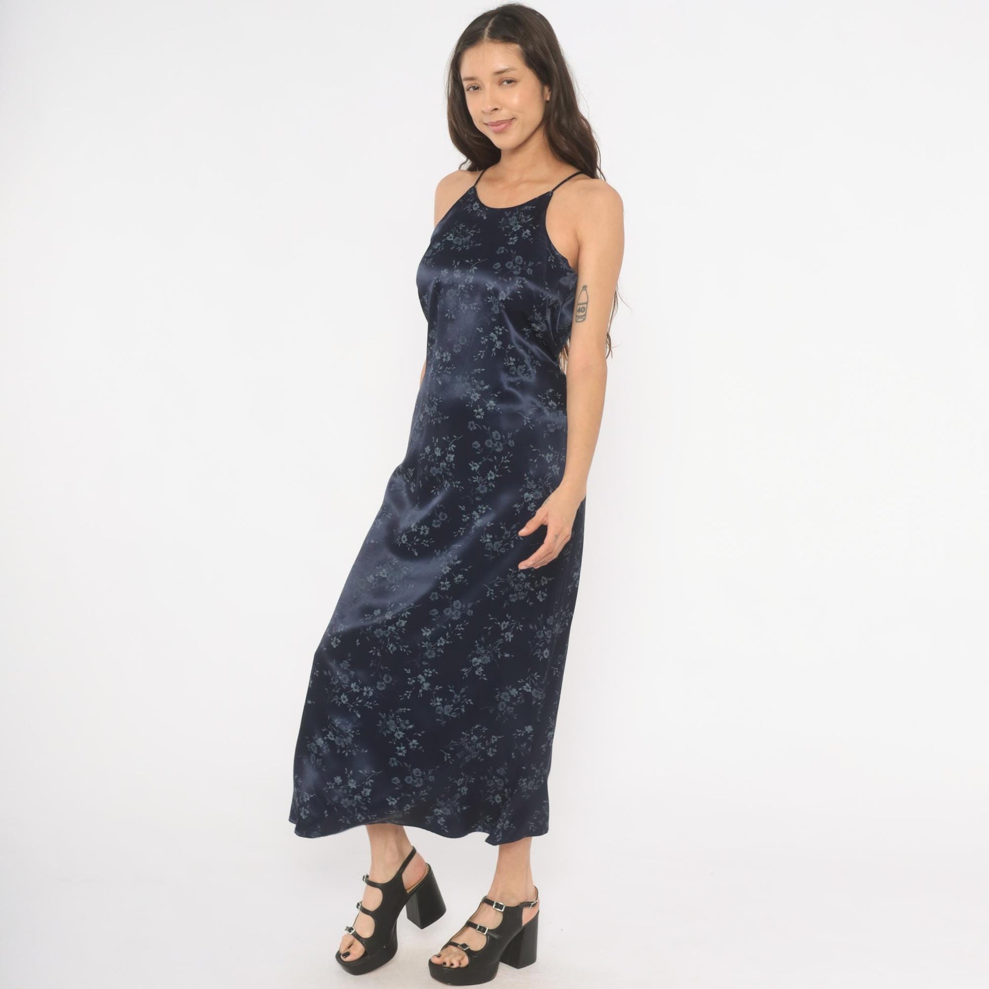 90s Navy Satin Halter Maxi Dress Floral Print Tie Back Small S