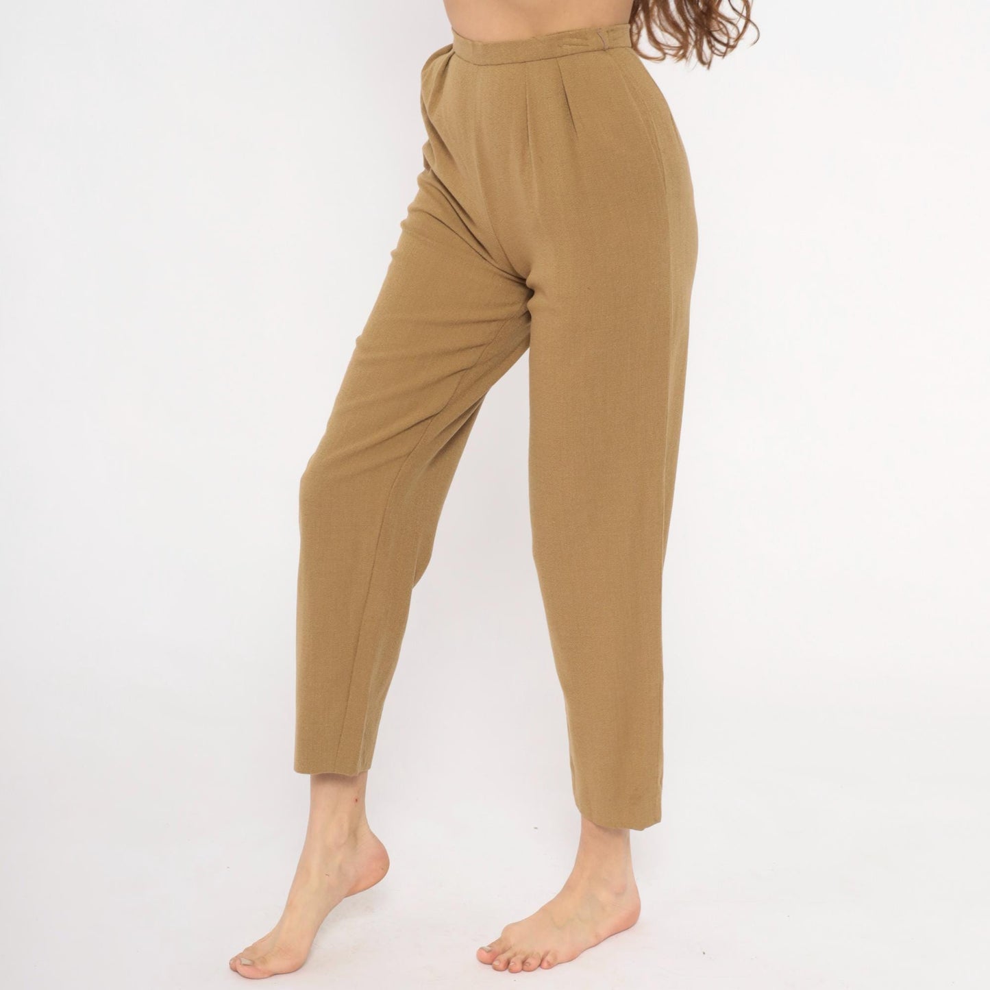 80s Tan Pleated High-Waist Wool Trousers Tapered Ankle Crop Extra Small