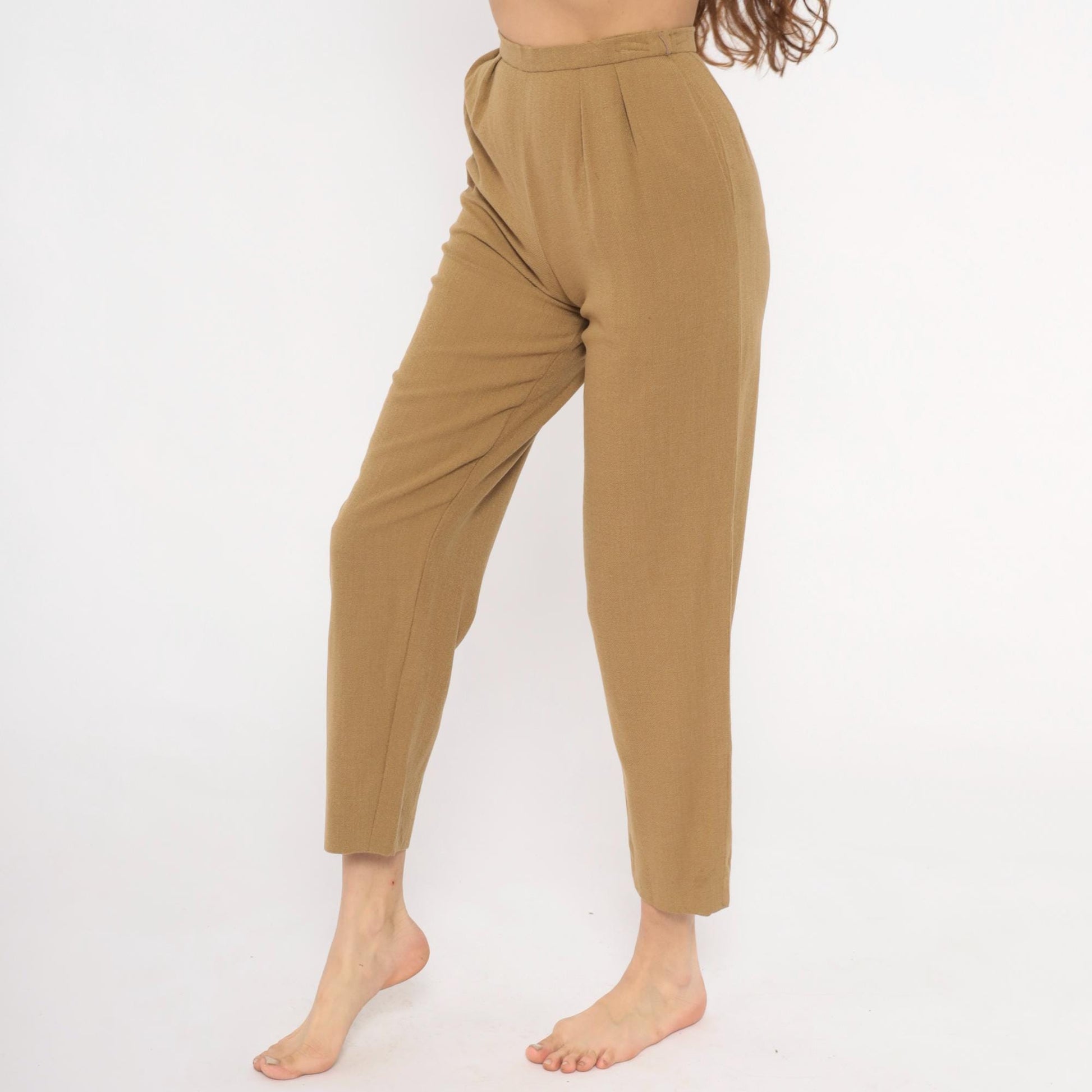 80s Tan Pleated High-Waist Wool Trousers Tapered Ankle Crop Extra Small