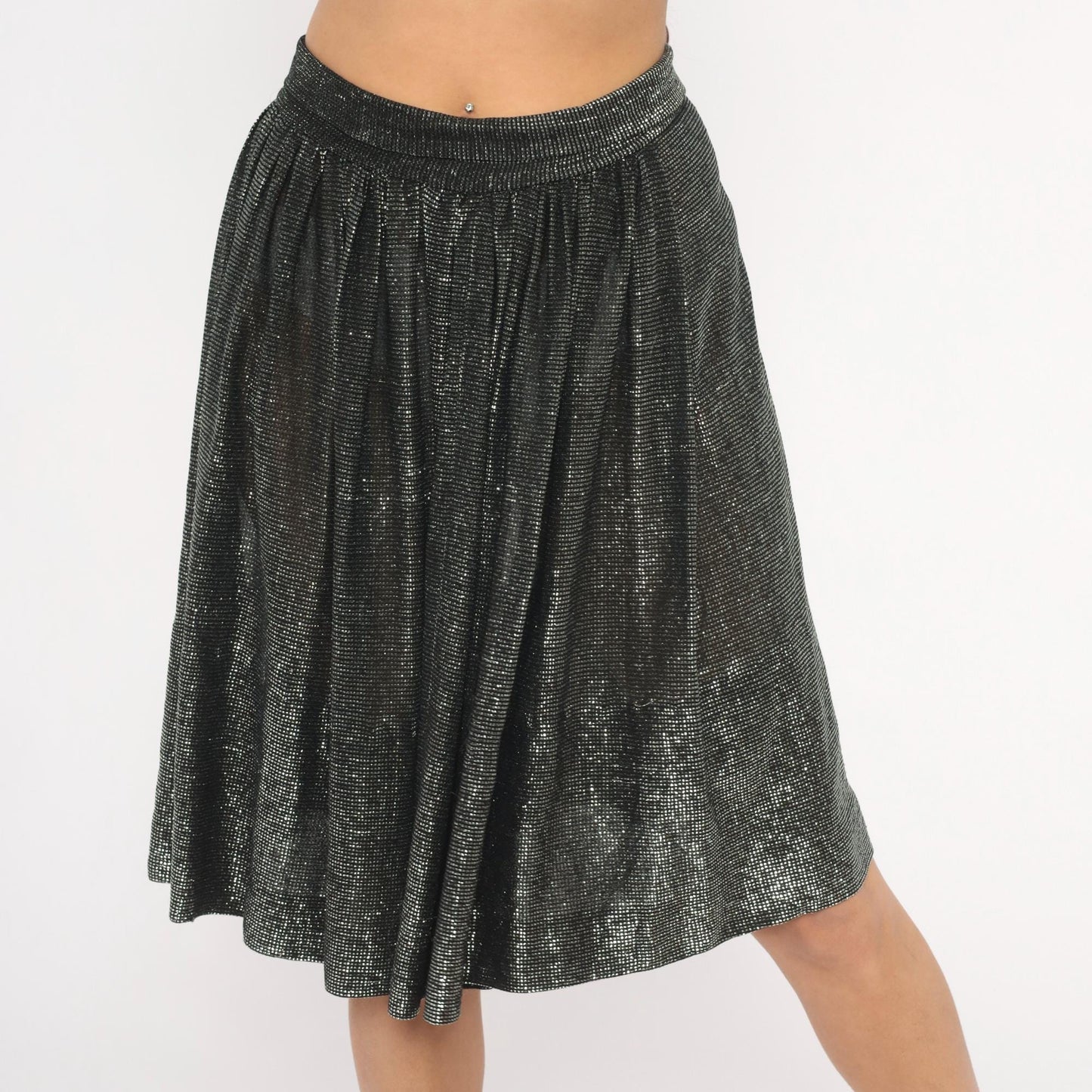 90s Black Silver Metallic Gathered Skirt Knee-Length Shimmer Small S