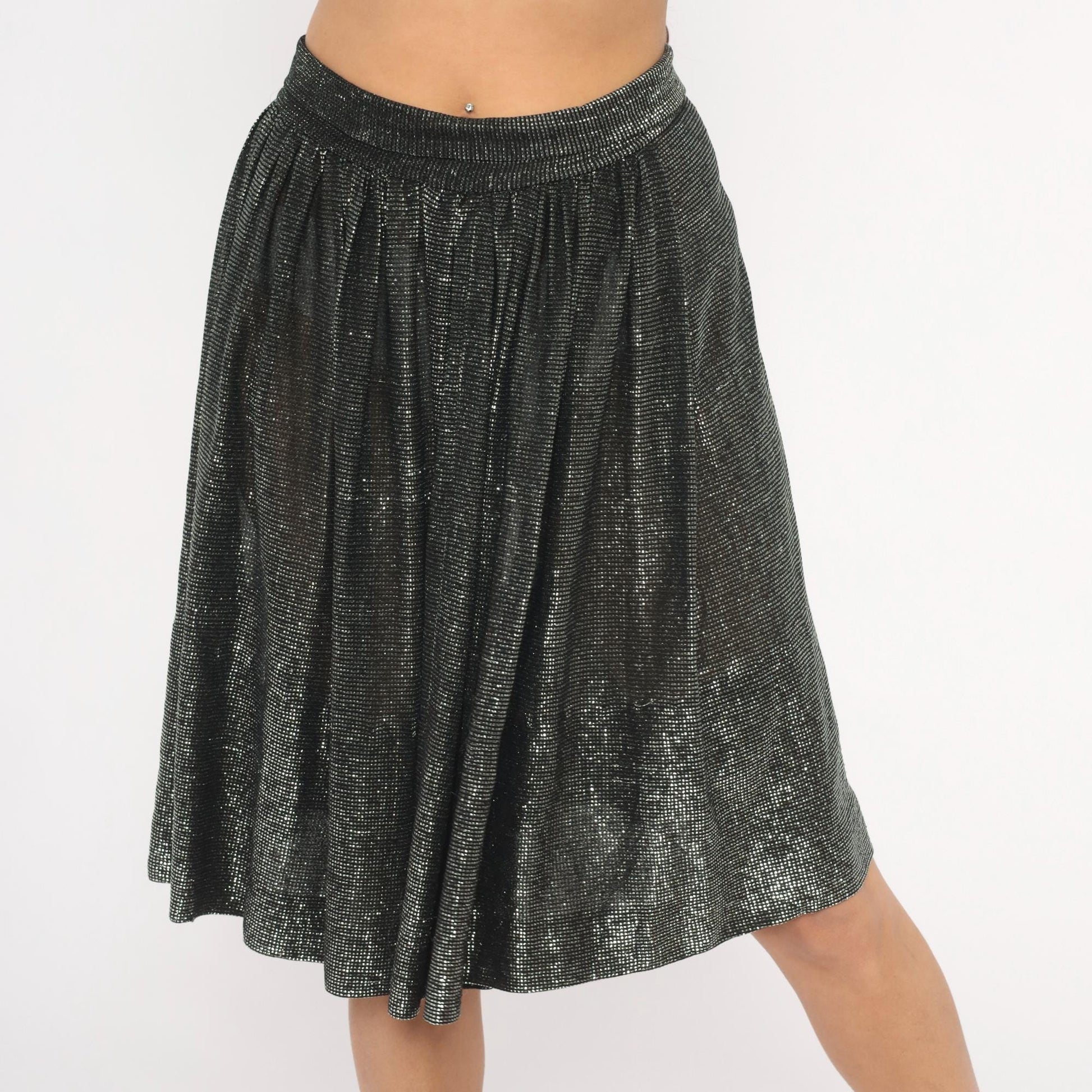 90s Black Silver Metallic Gathered Skirt Knee-Length Shimmer Small S