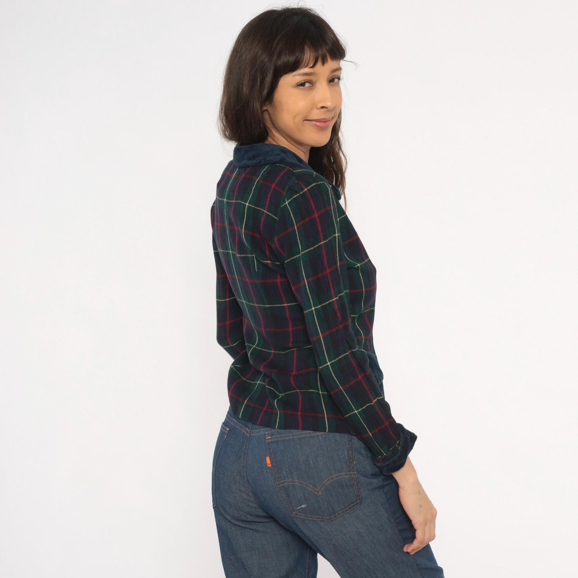 90s Dani Max Tartan Plaid Blazer Velvet Collar Navy Green Red Small S