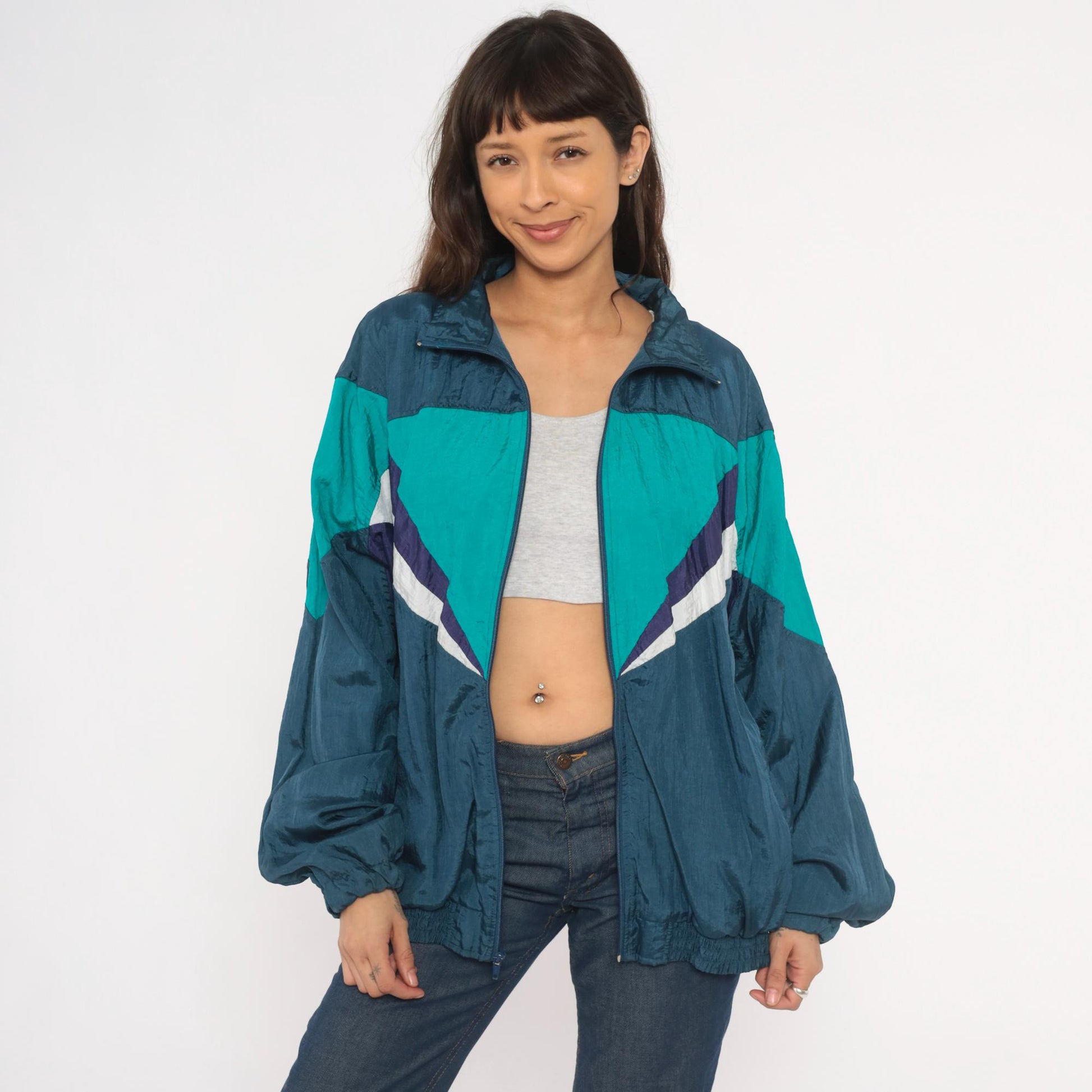 90s Champs Style Windbreaker Chevron Colorblock Teal Navy Purple XL