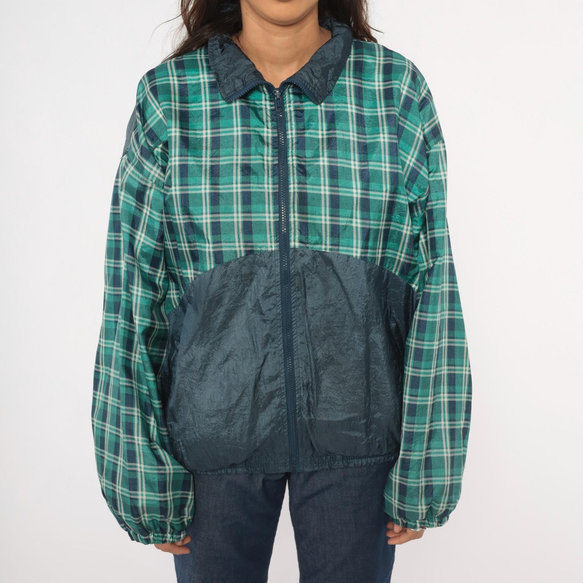 90s Honors Green Plaid Windbreaker Jacket Navy Colorblock Nylon Extra Large XL