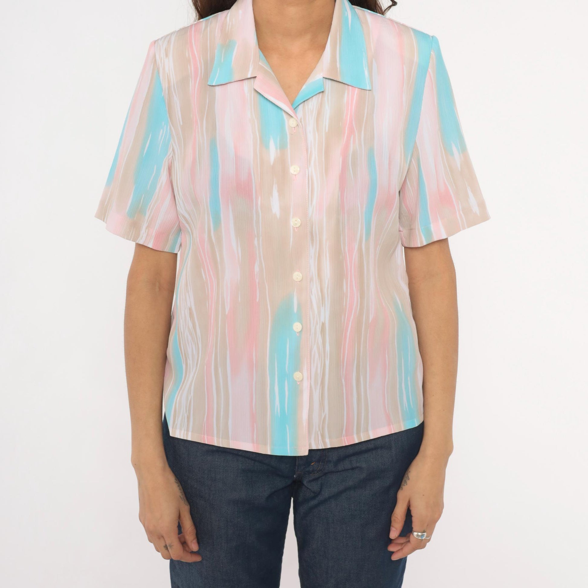 80s Allison Daley Pastel Striped Camp Collar Blouse Small Petite