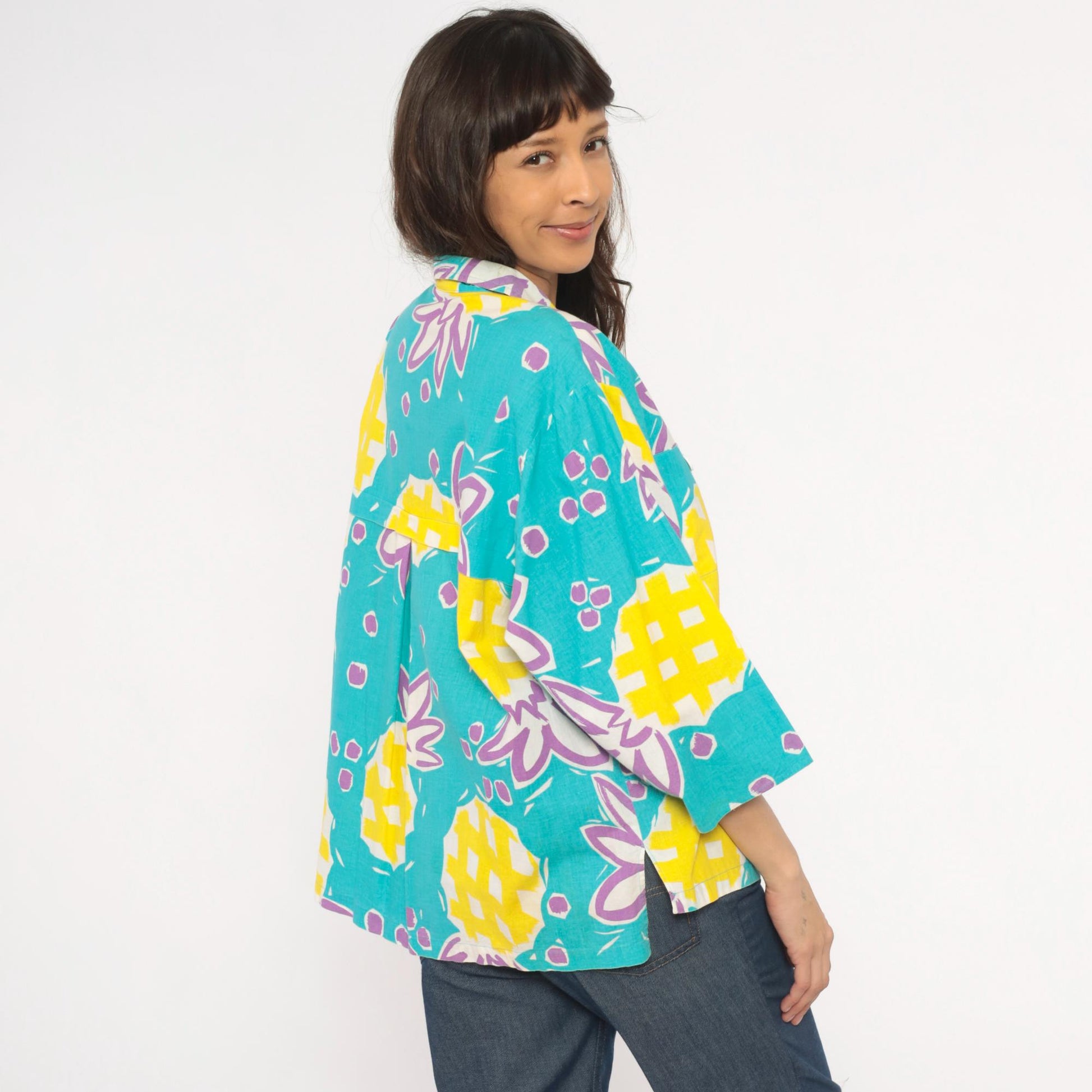 90s Young Hawaii Pineapple Print Blouse Teal Yellow V-Neck Large L
