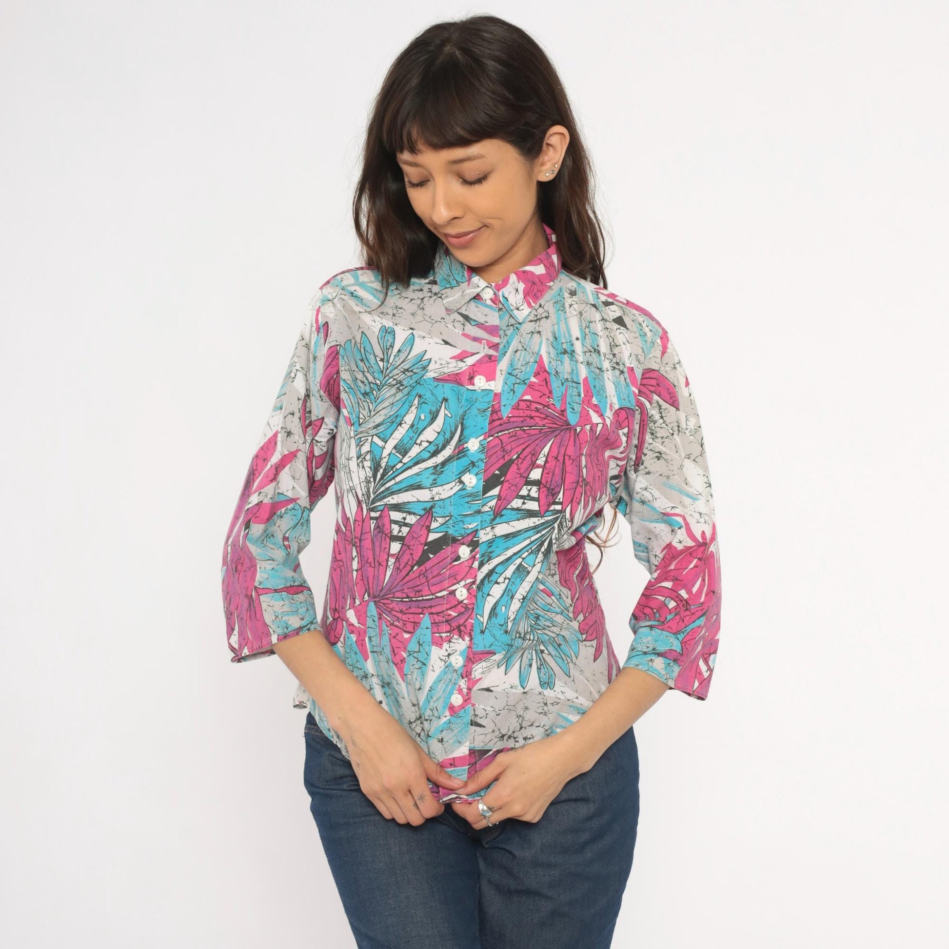 90s Tropical Batik Button Blouse Pink Teal Palm Leaf Three Quarter Sleeve Medium M