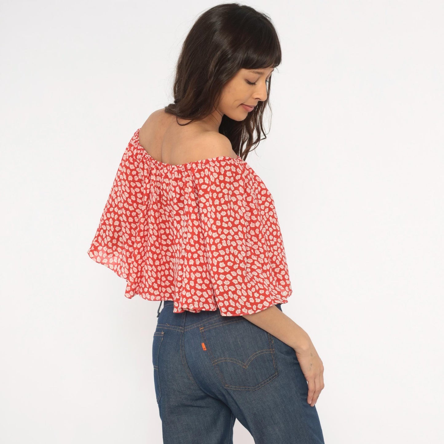 90s Red Floral Off-Shoulder Crop Top Flutter Sleeve White Leaf Print Small