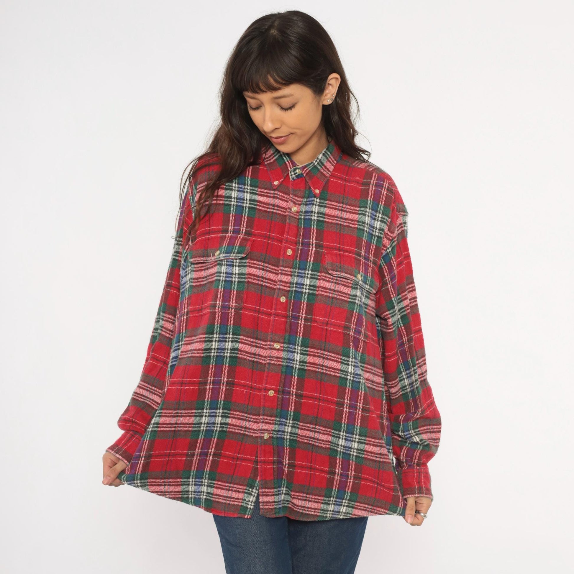 90s Claybrooke Outdoors Flannel Shirt Red Tartan Plaid Cotton Button Down Large