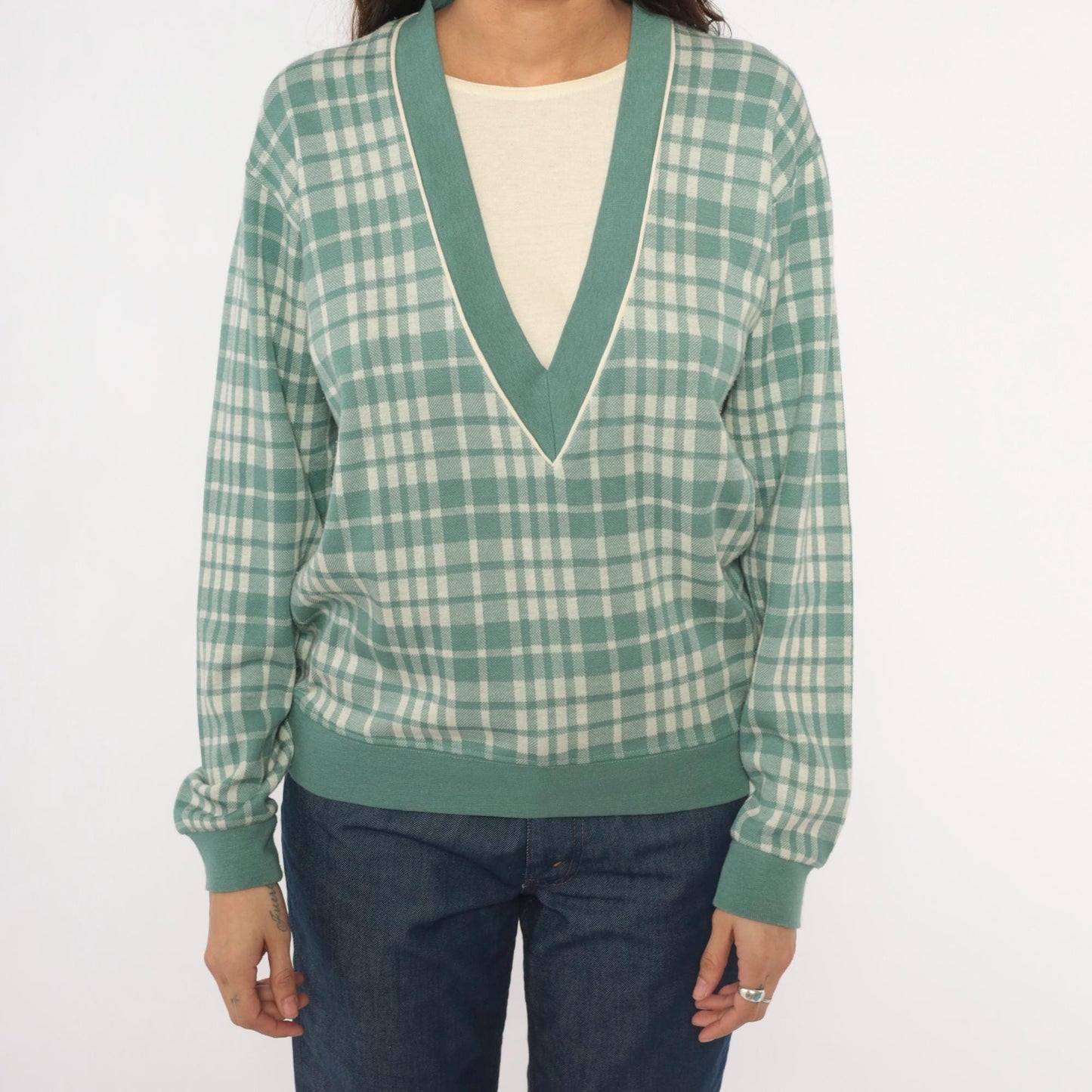 80s Cathy Daniels Green Plaid V-Neck Pullover Sage Ribbed Trim Small