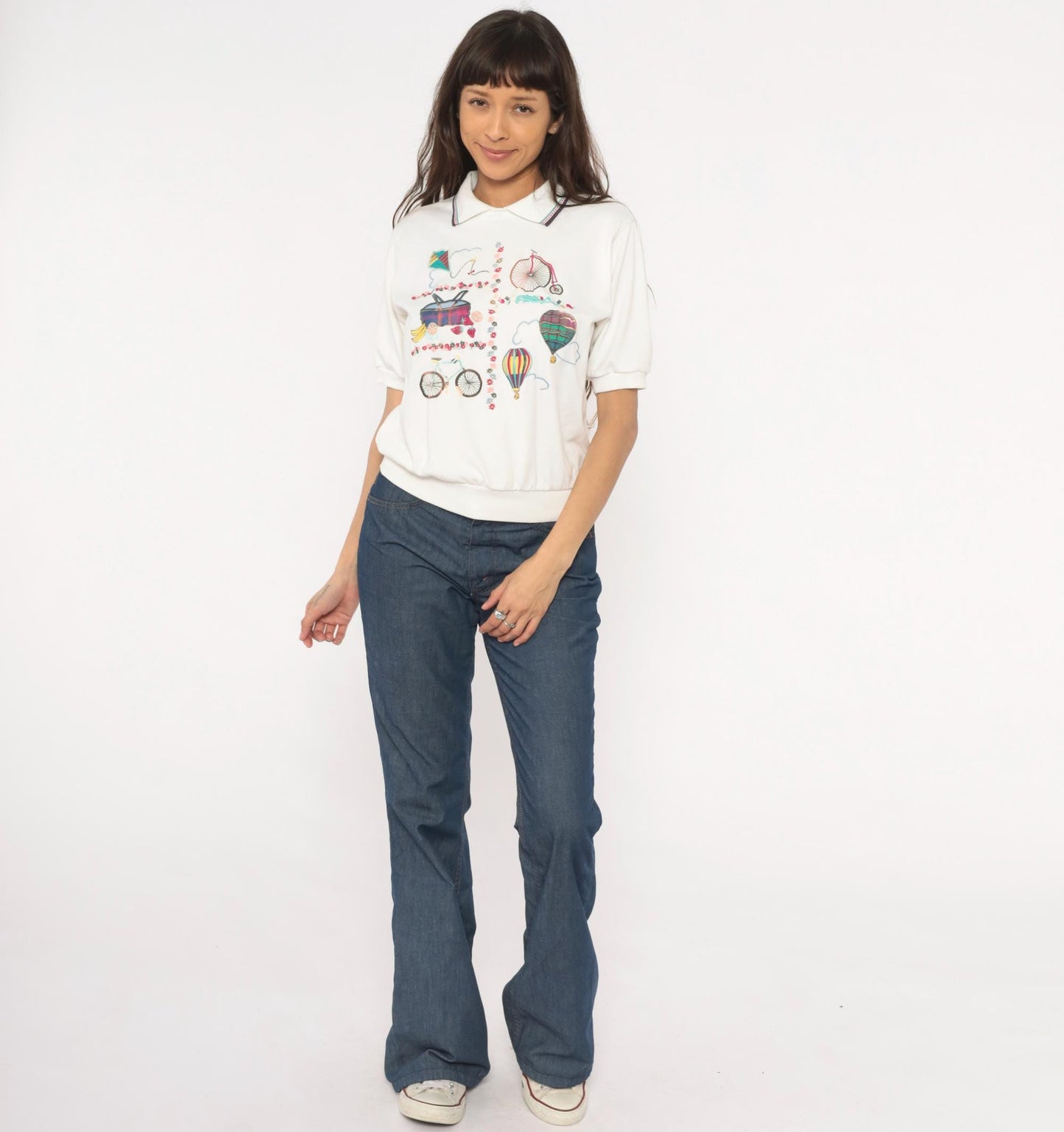 Alfred Dunner 80s Embroidered Polo Shirt Hot Air Balloon Bicycle White Petite Medium