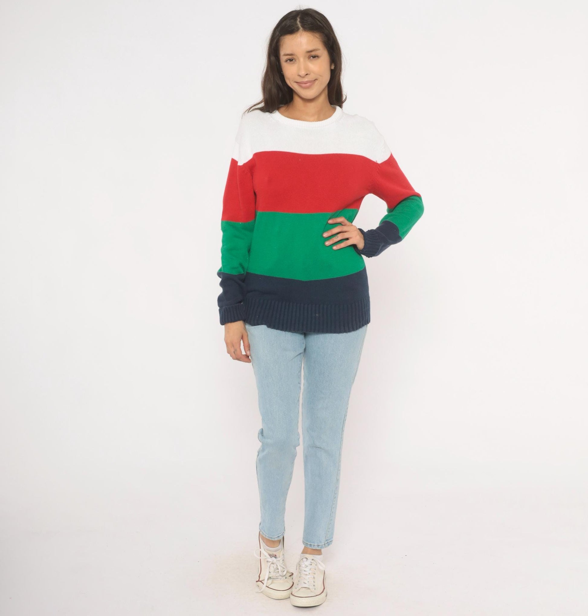 90s Boston Traders Color Block Knit Sweater Navy Green Red White Medium M