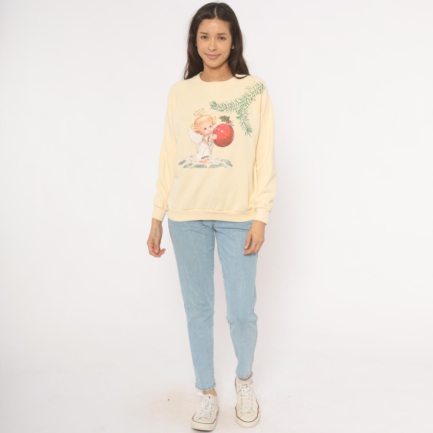 90s Hanes Her Way Christmas Angel Sweatshirt Cream Raglan Graphic Large L