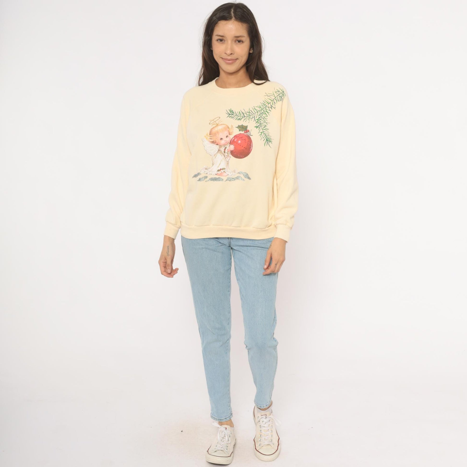 90s Hanes Her Way Christmas Angel Sweatshirt Cream Raglan Graphic Large L