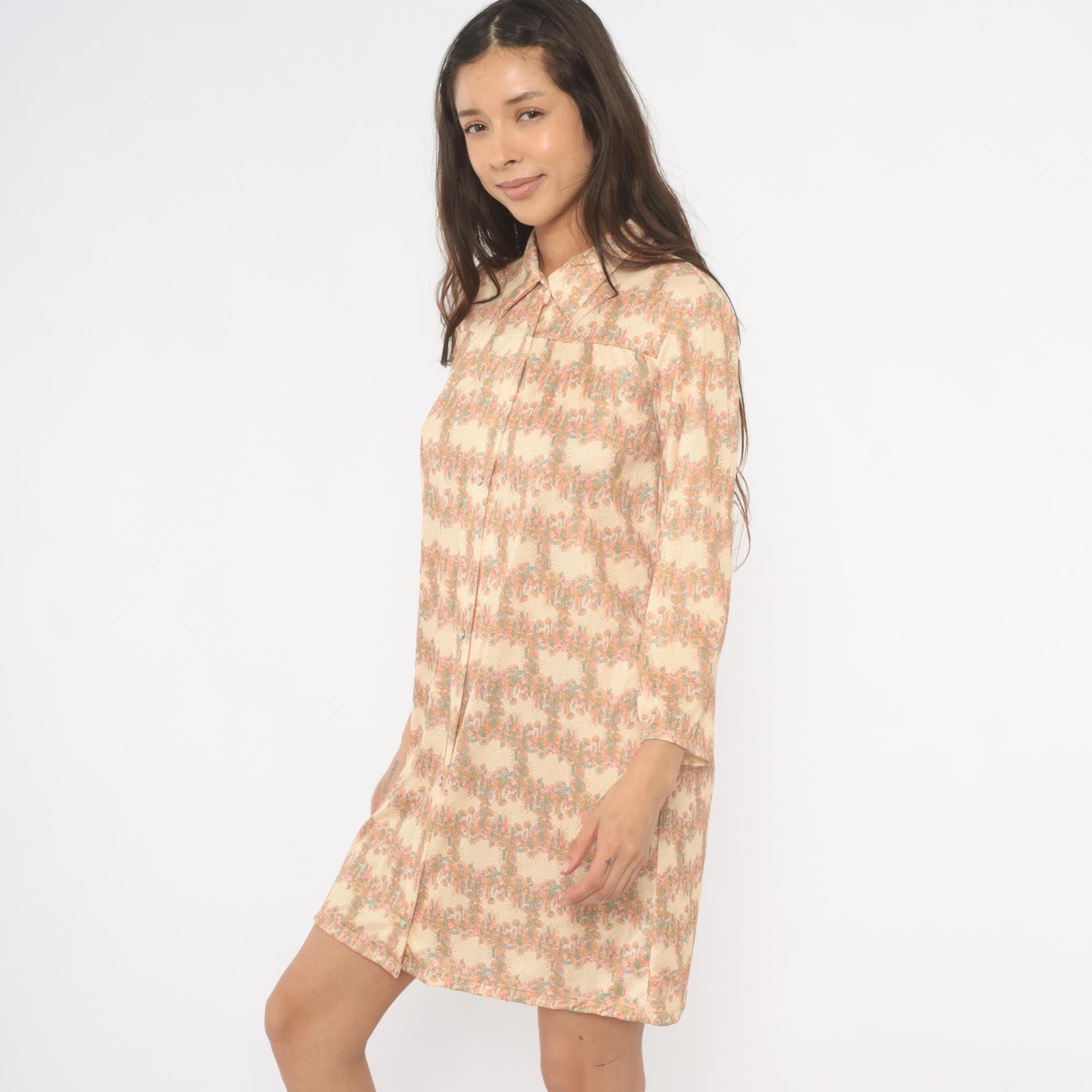 70s Floral Cream Tan Shirt Dress Snap Front Long Sleeve Knee-Length Medium M