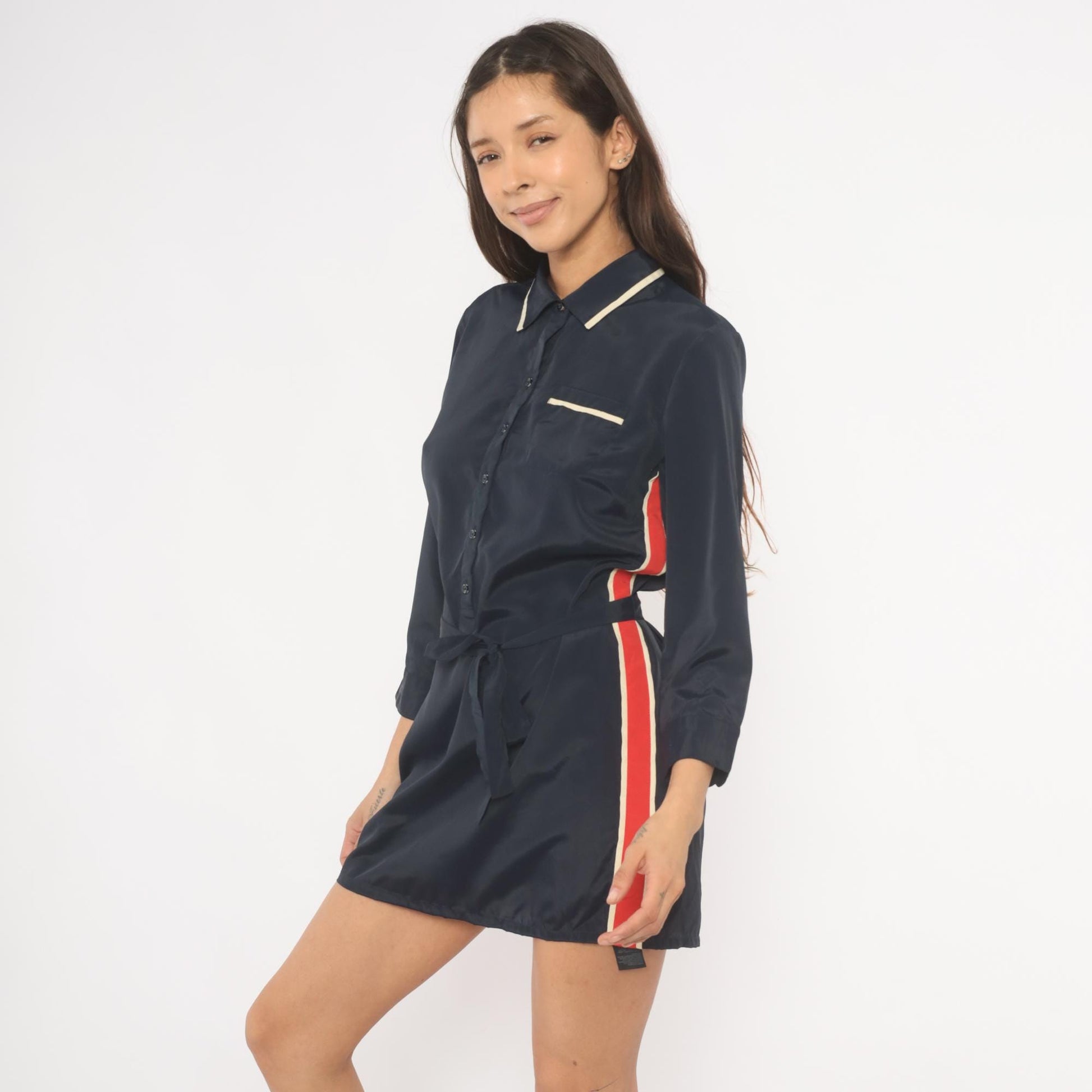 Tommy Hilfiger Navy Mini Dress 2000s Striped Collared Shirt Dress Medium M