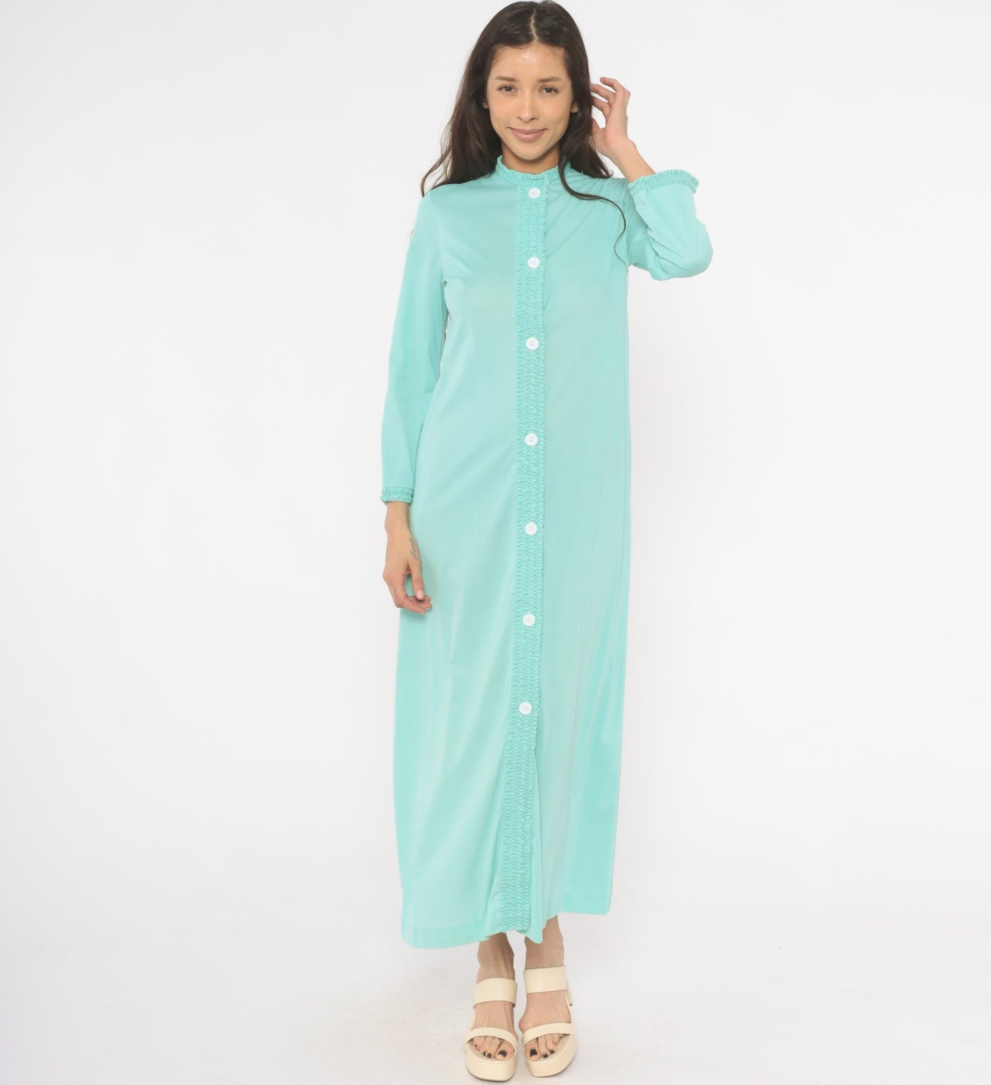 70s Loungewear by Gossard Mint Maxi Housecoat Smocked Ruffle Small