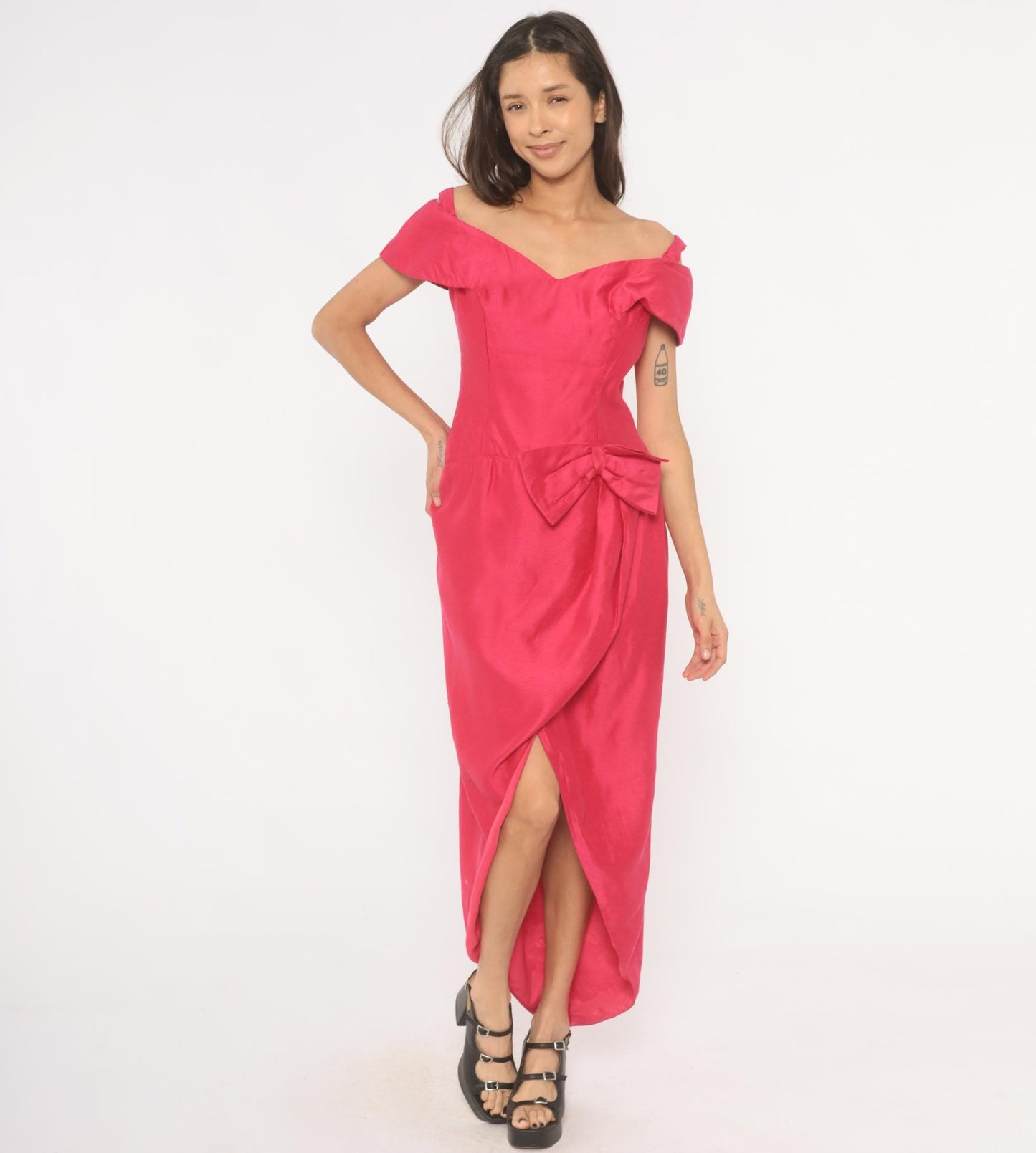 80s Hot Pink Off-Shoulder Maxi Gown Sweetheart Neckline Bow Tulip Skirt Large L