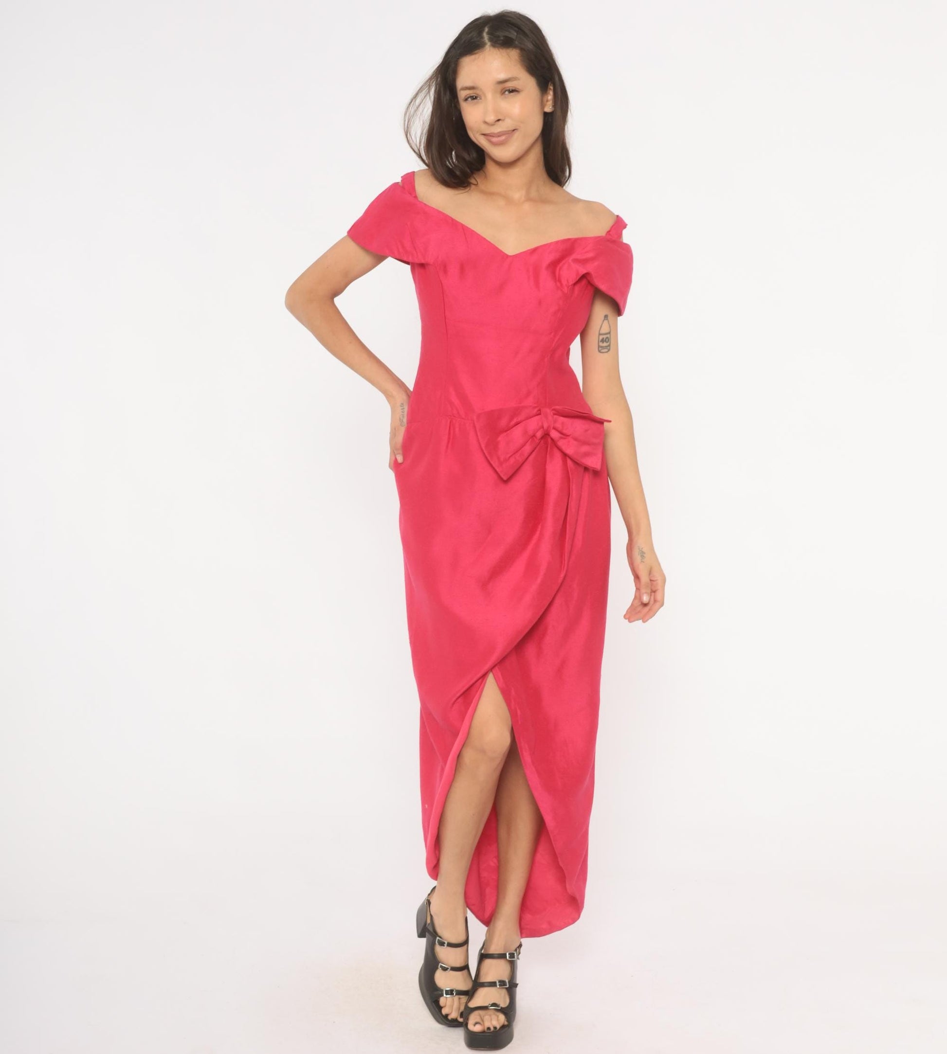 80s Hot Pink Off-Shoulder Maxi Gown Sweetheart Neckline Bow Tulip Skirt Large L