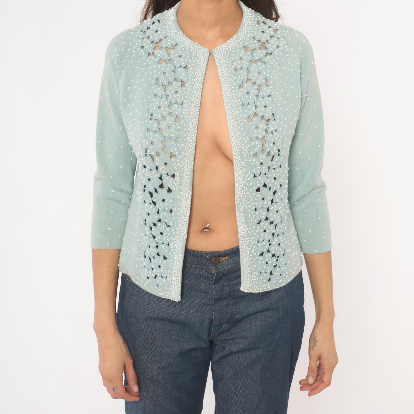 80s Miss Boutique Baby Blue Beaded Cardigan Cutwork Floral Knit Small