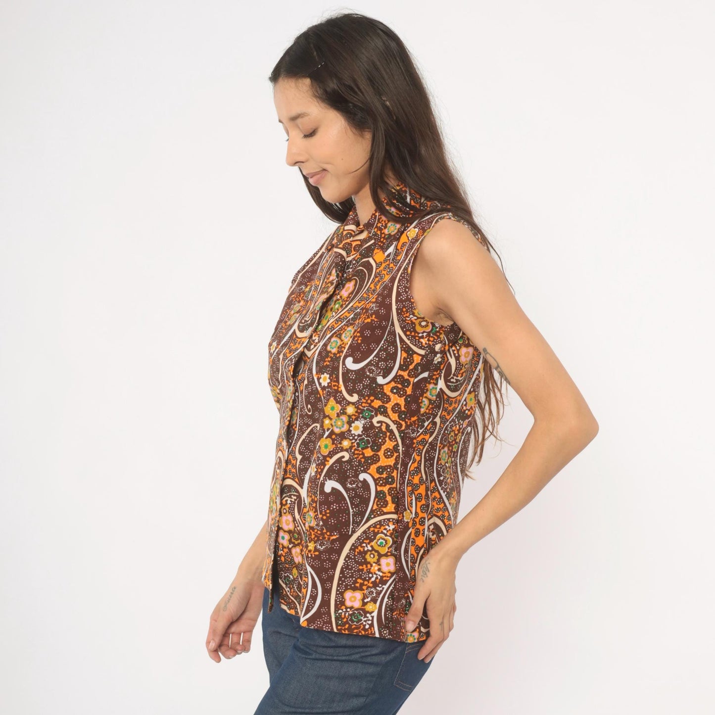 70s Psychedelic Paisley Sleeveless Blouse Brown Orange Floral Swirl Medium M
