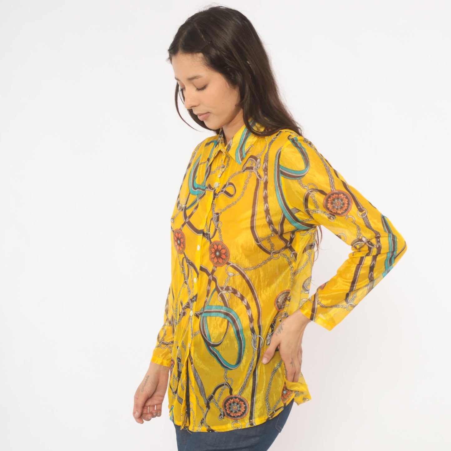 2000s Equestrian Chain Belt Print Sheer Blouse Mustard Gold Long Sleeve Large L