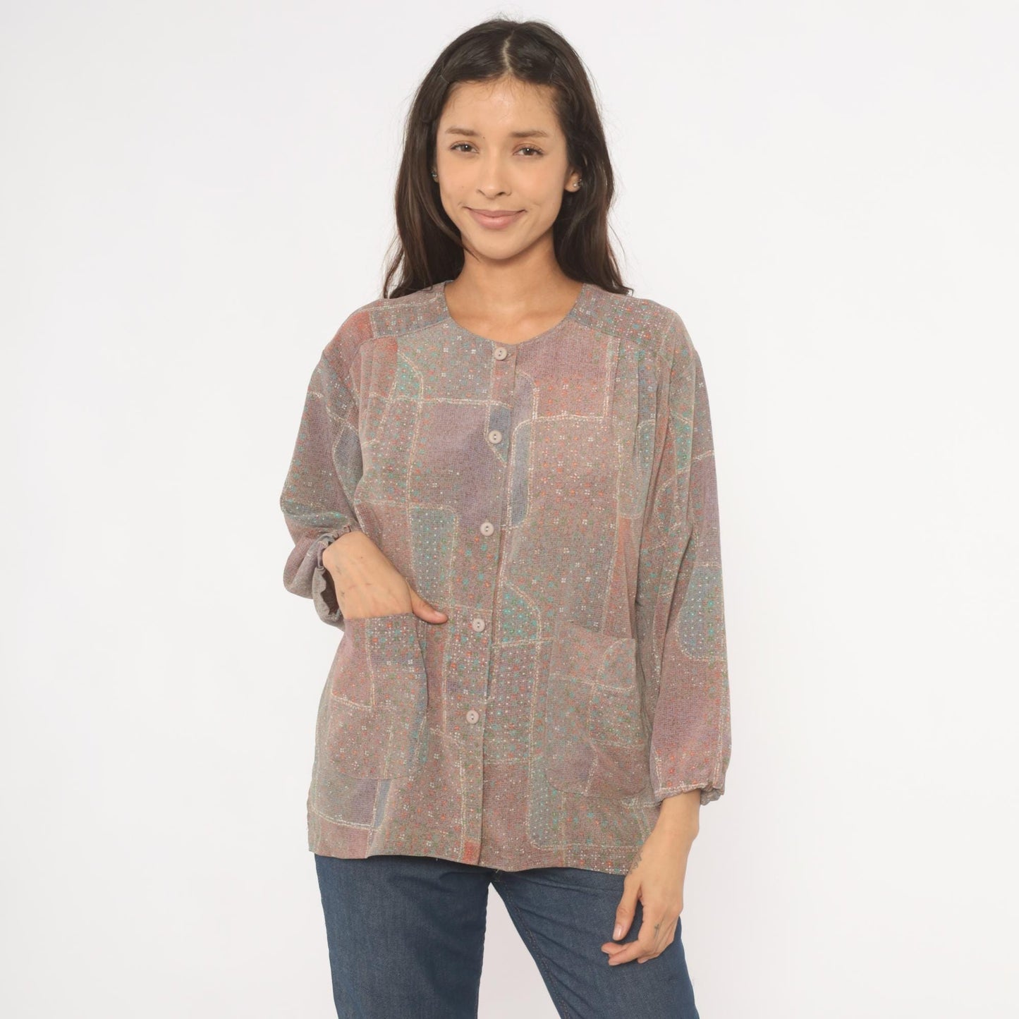 90s Patchwork Print Button-Front Blouse Grey Purple Geometric Large L