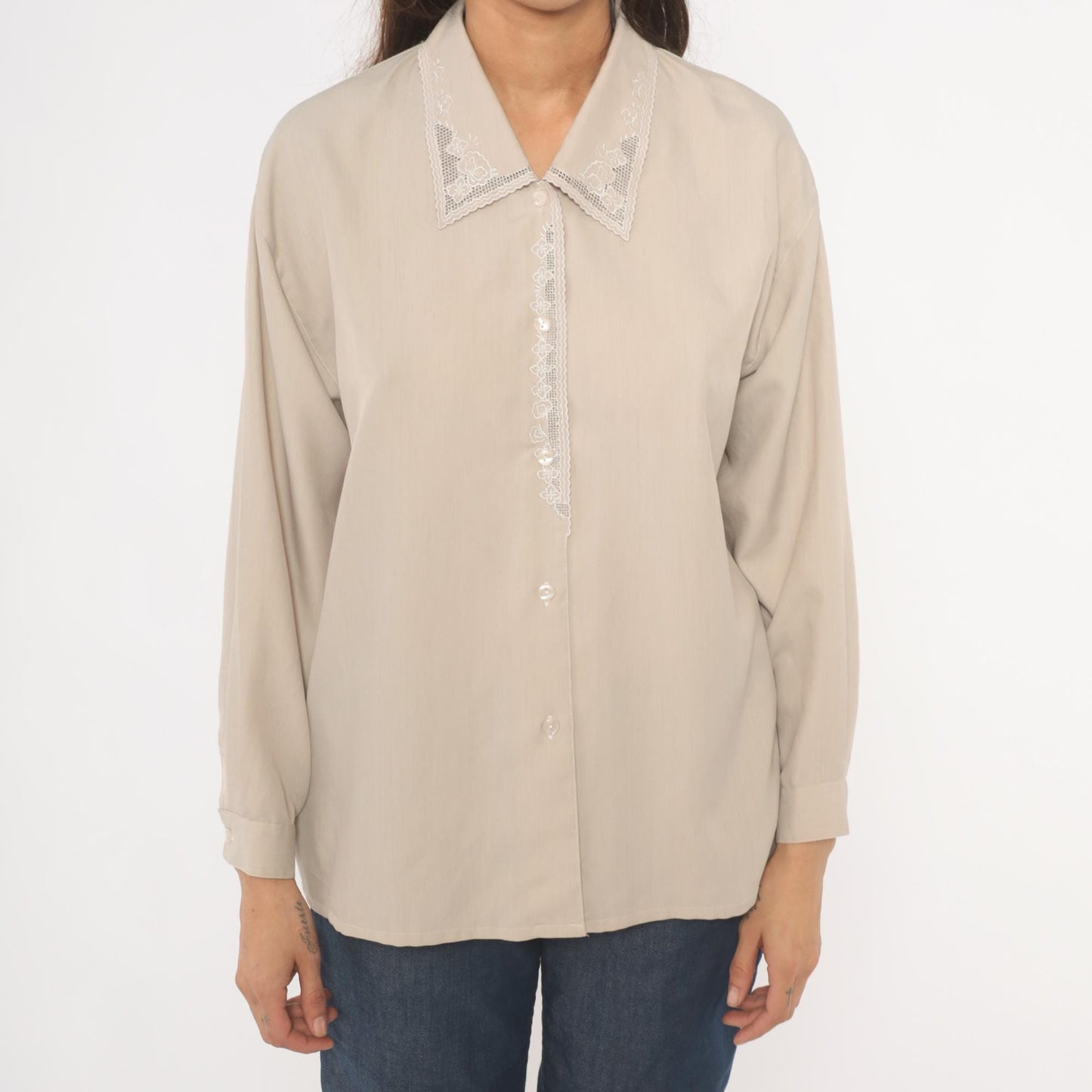 2000s Cream Lace Collar Cotton Blouse Floral Embroidery Long Sleeve Medium M