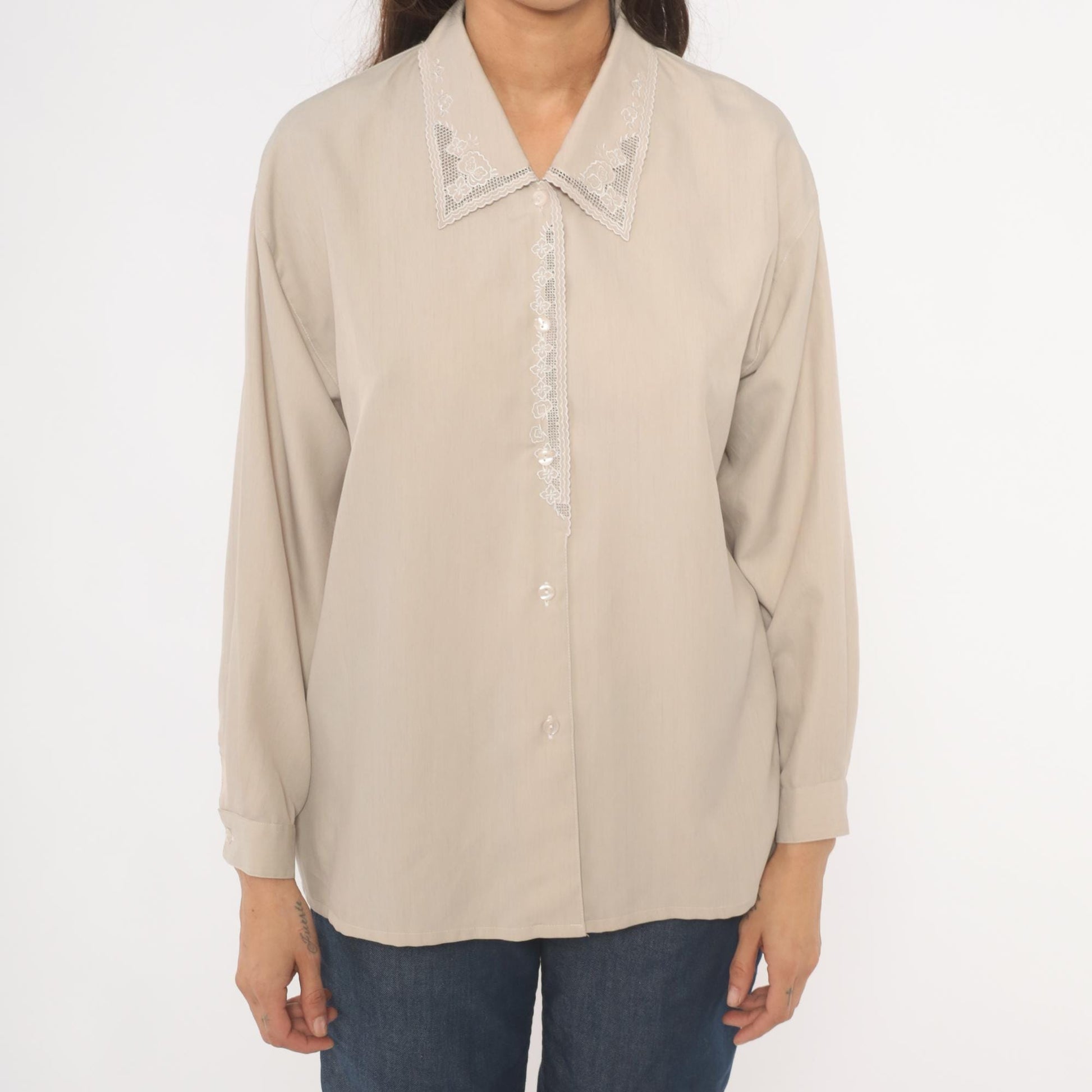 2000s Cream Lace Collar Cotton Blouse Floral Embroidery Long Sleeve Medium M